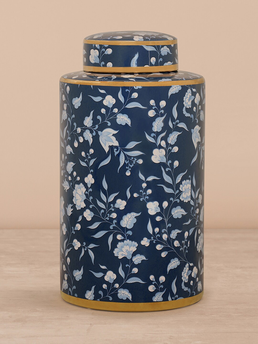 

Pure Home and Living Navy Blue & White Floral Printed Ceramic Canister With Lid