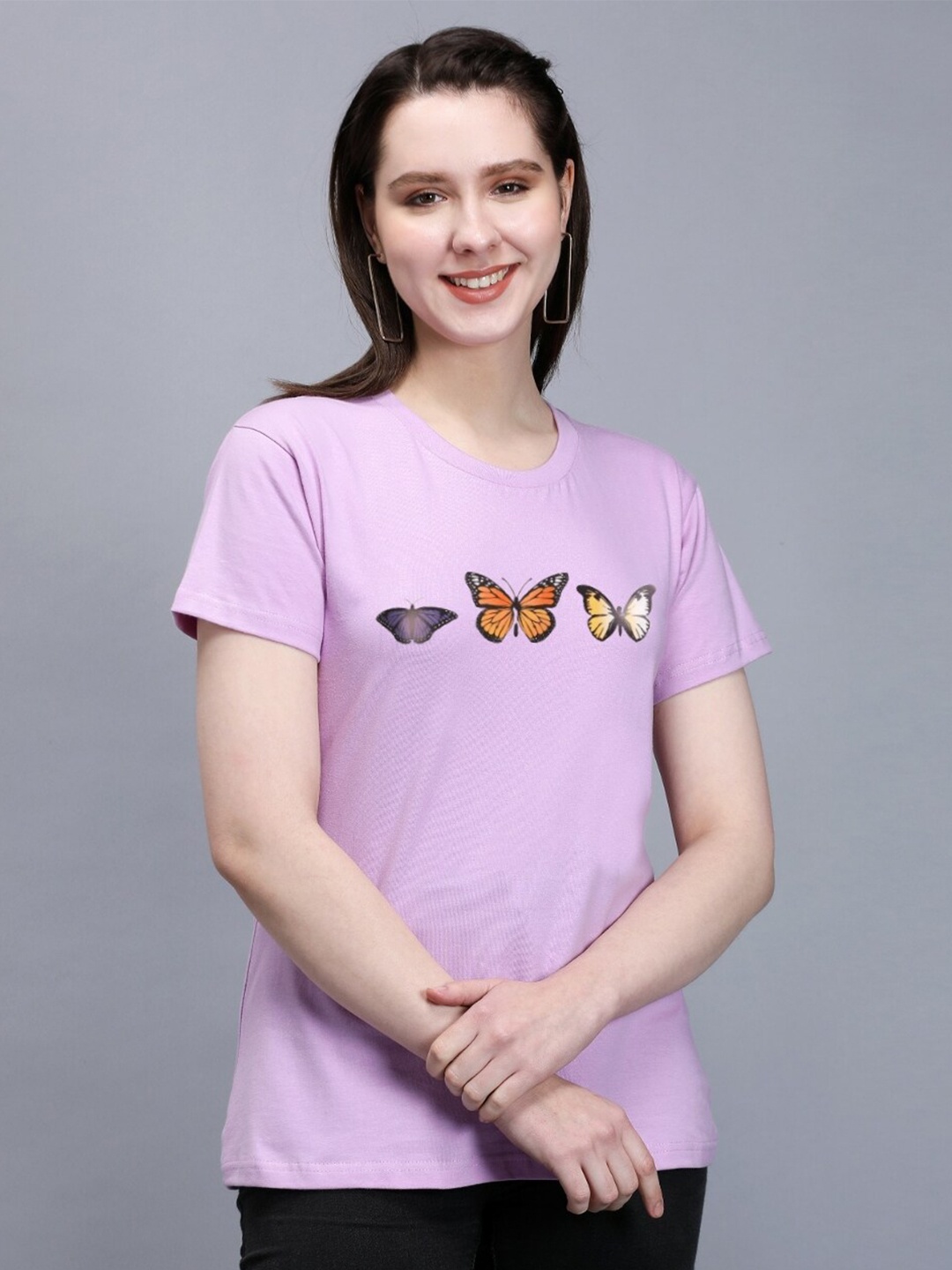 

TRENDY RABBIT Butterfly Printed Short Sleeves Round Neck Cotton T-shirt, Lavender