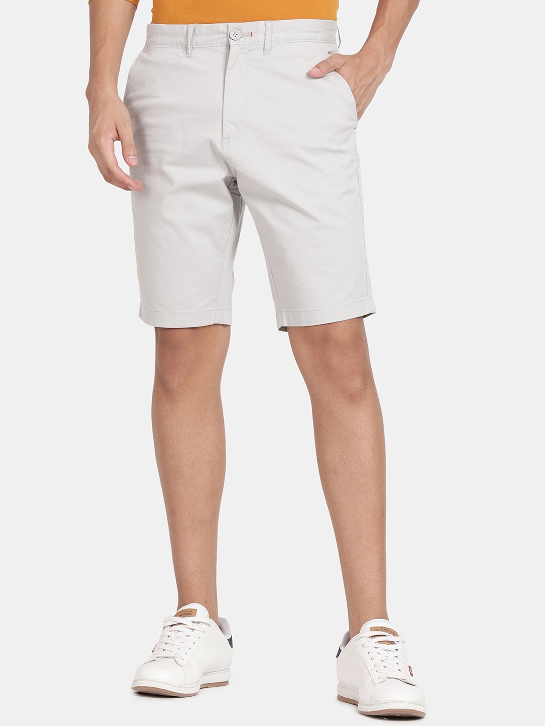 

t-base Men Regular Fit Mid-Rise Cotton Dobby Stretch Chino Shorts, Grey