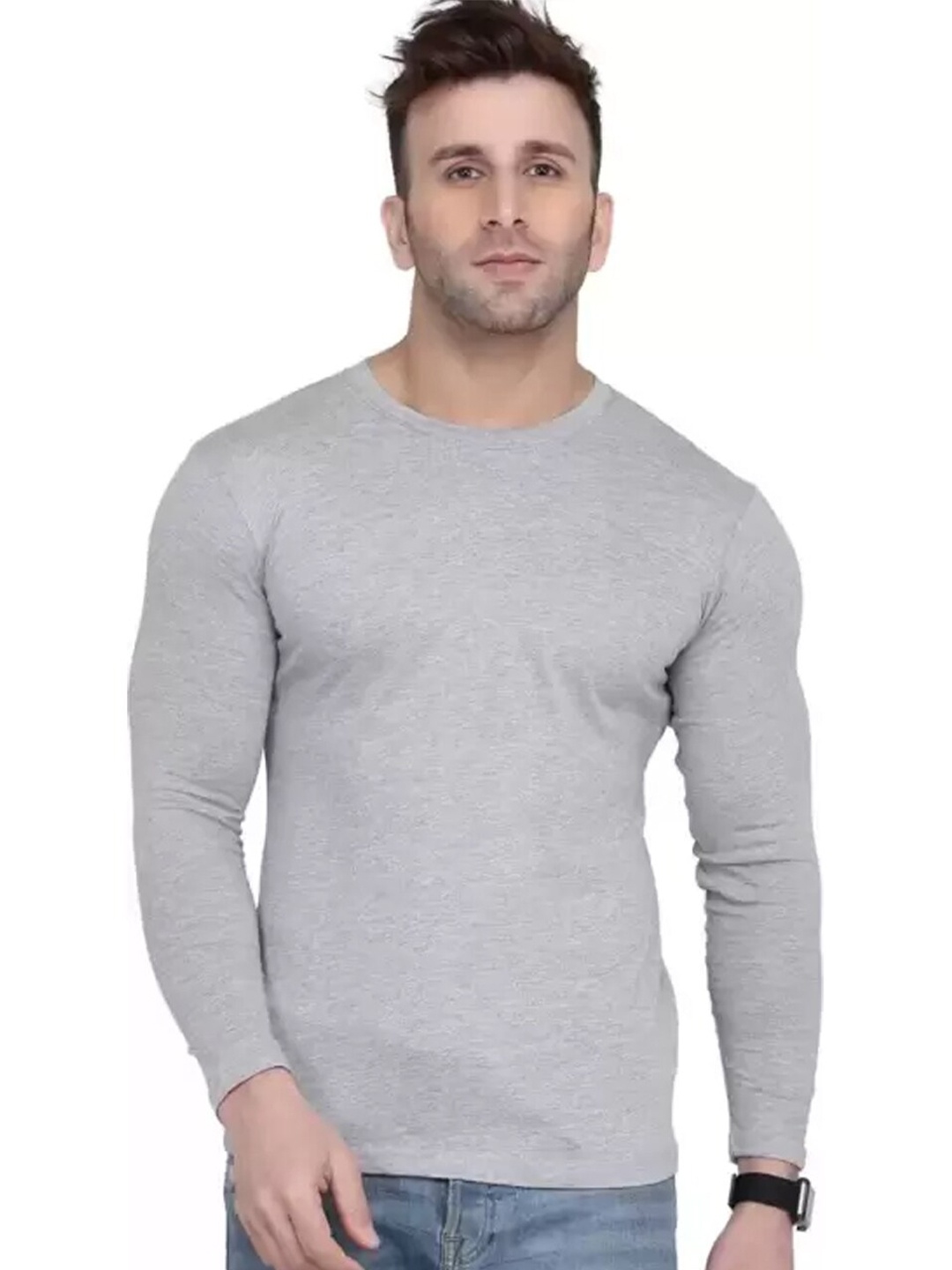 

KEX Round Neck Long Sleeves Cotton T-shirt, Grey melange