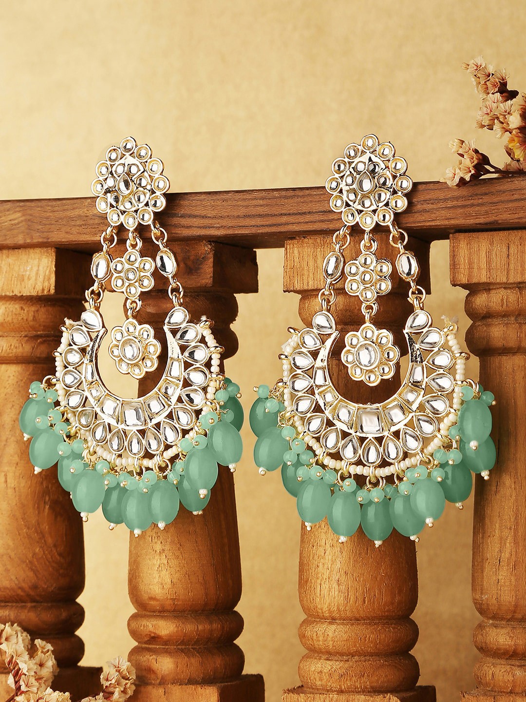 

Fida Gold-Plated Kundan Studded & Beaded Crescent Shaped Chandbalis Earrings, Sea green