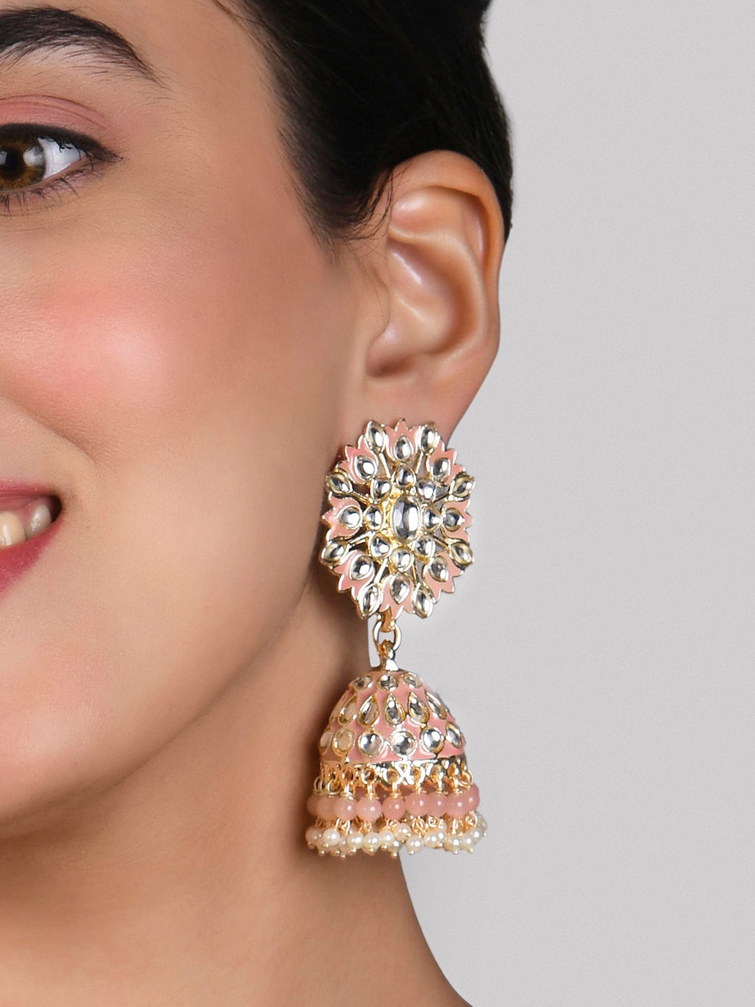 

Fida Gold-Plated Dome Shaped Jhumkas Earrings, Pink