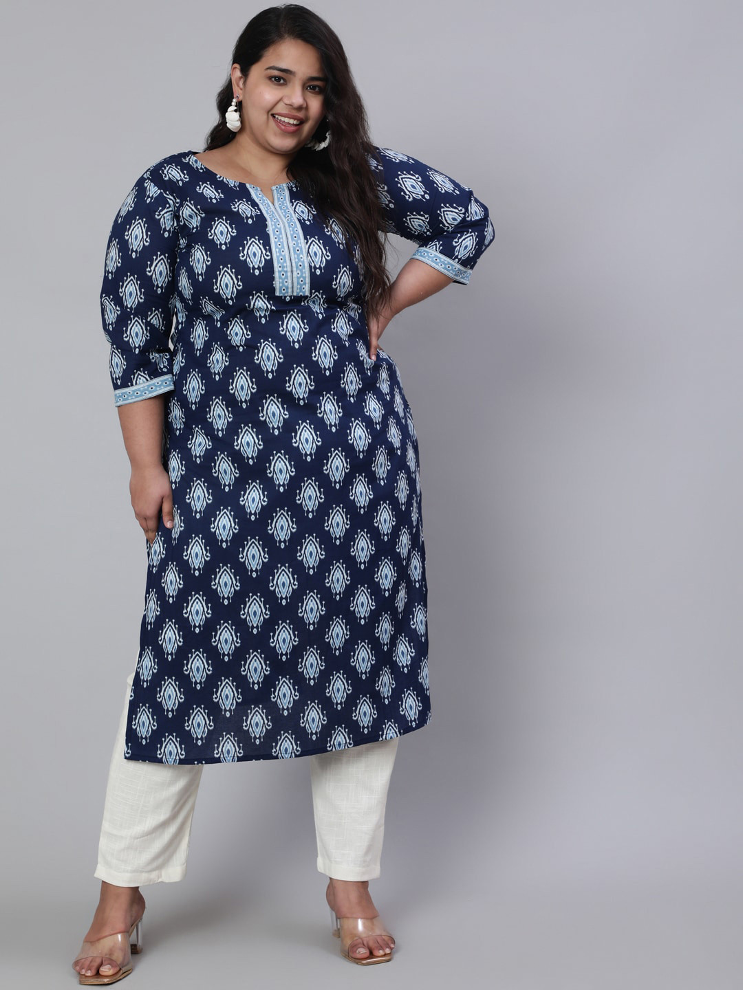 

Nayo Plus Size Ethnic Motifs Printed Pure Cotton Kurta, Navy blue