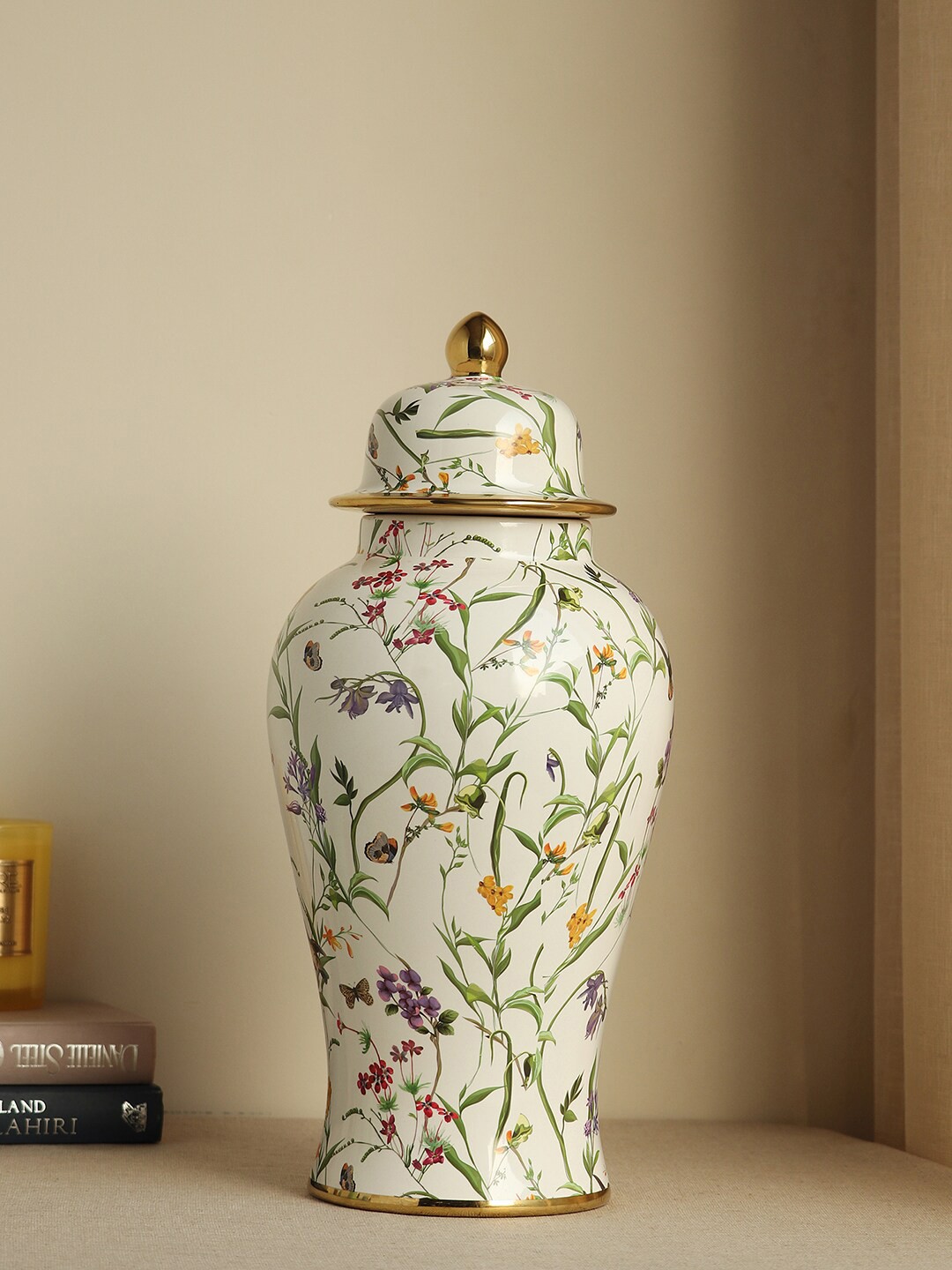 

Pure Home and Living White & Green Floral Printed Ceramic Urn