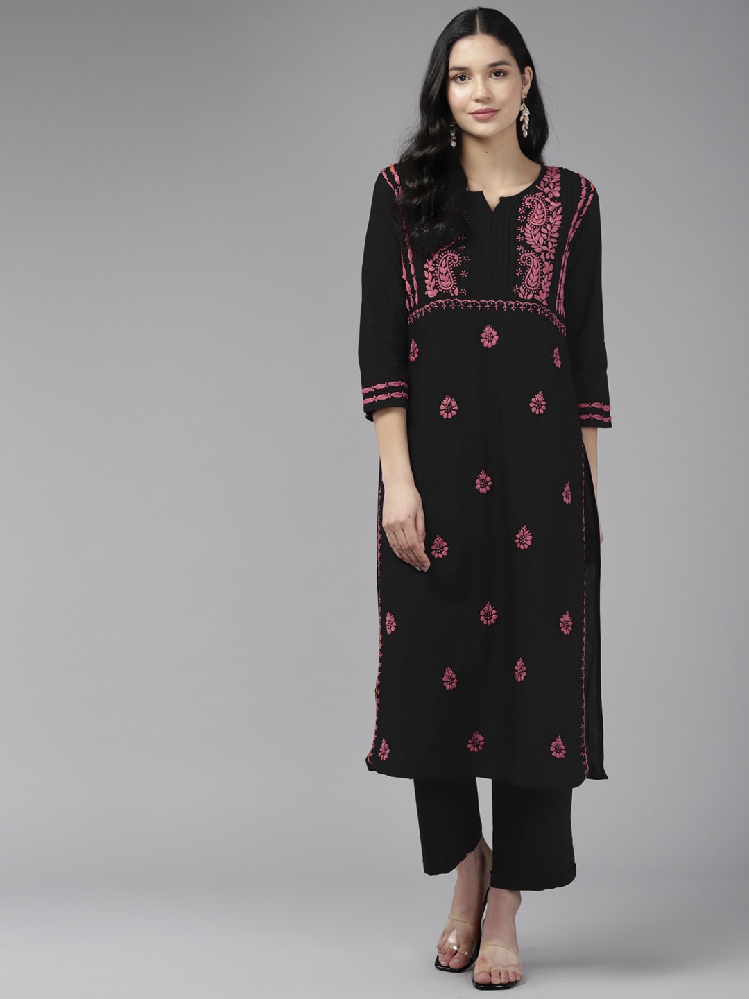 

ADA Ethnic Motifs Embroidered Kurta, Black