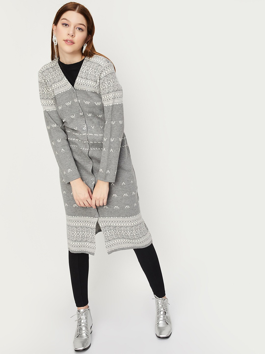

max Fair Isle Printed Longline Acrylic Cardigan, Grey