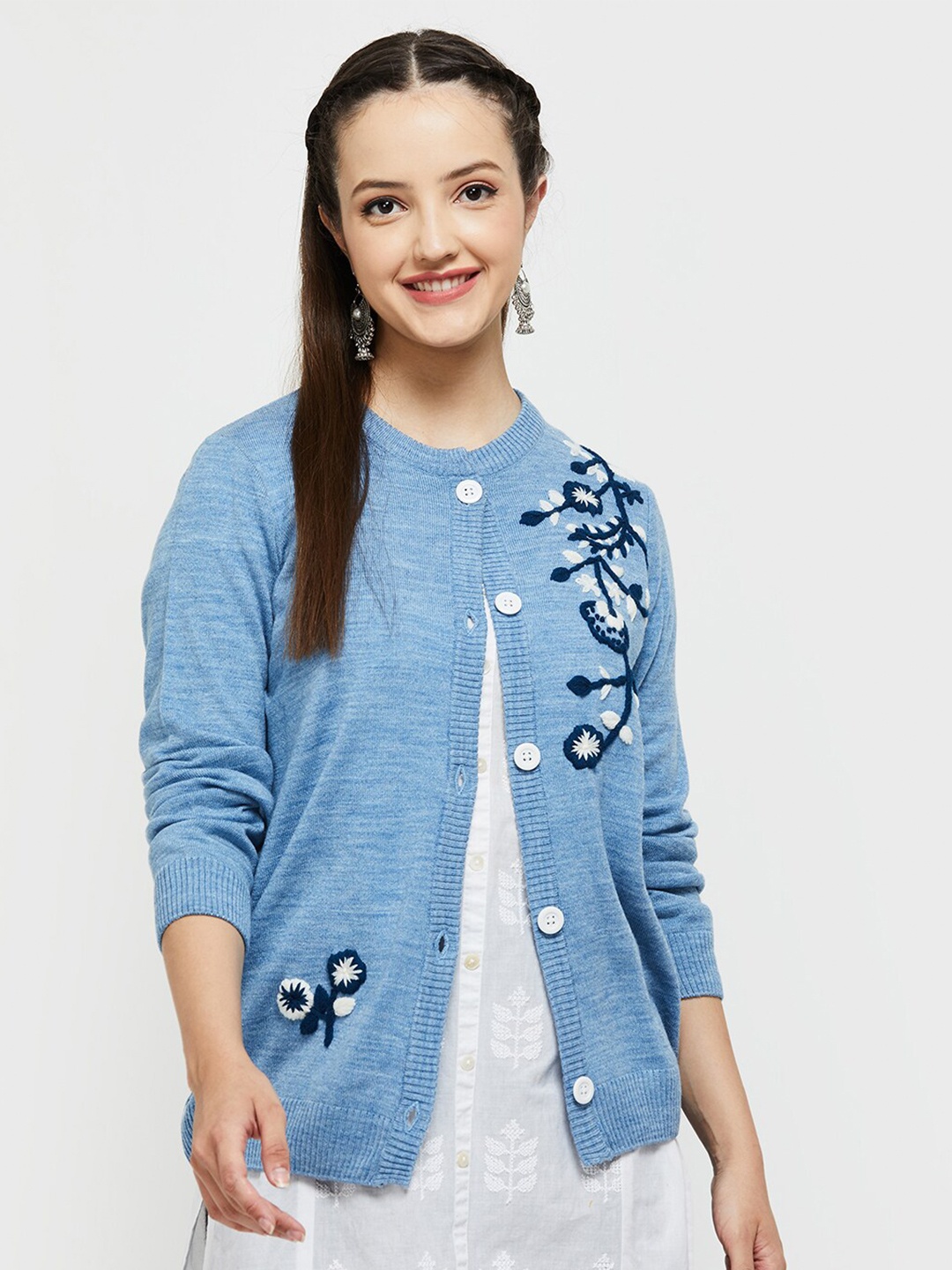

max Floral Embroidered Acrylic Cardigan, Turquoise blue