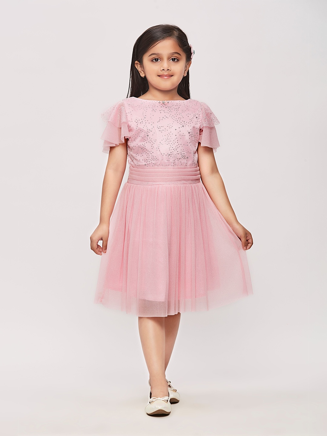 

Tiny Girl Embellished Boat Neck Flared Sleeves Fit & Flare Dress, Pink