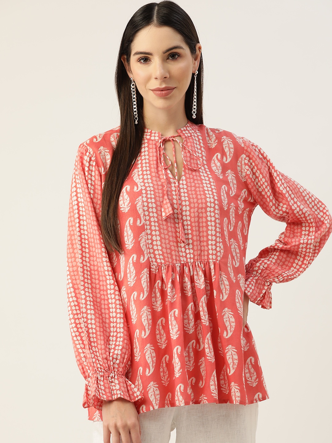 

Alsace Lorraine Paris Printed Tie-Up Neck Bell Sleeves Longline Top, Red