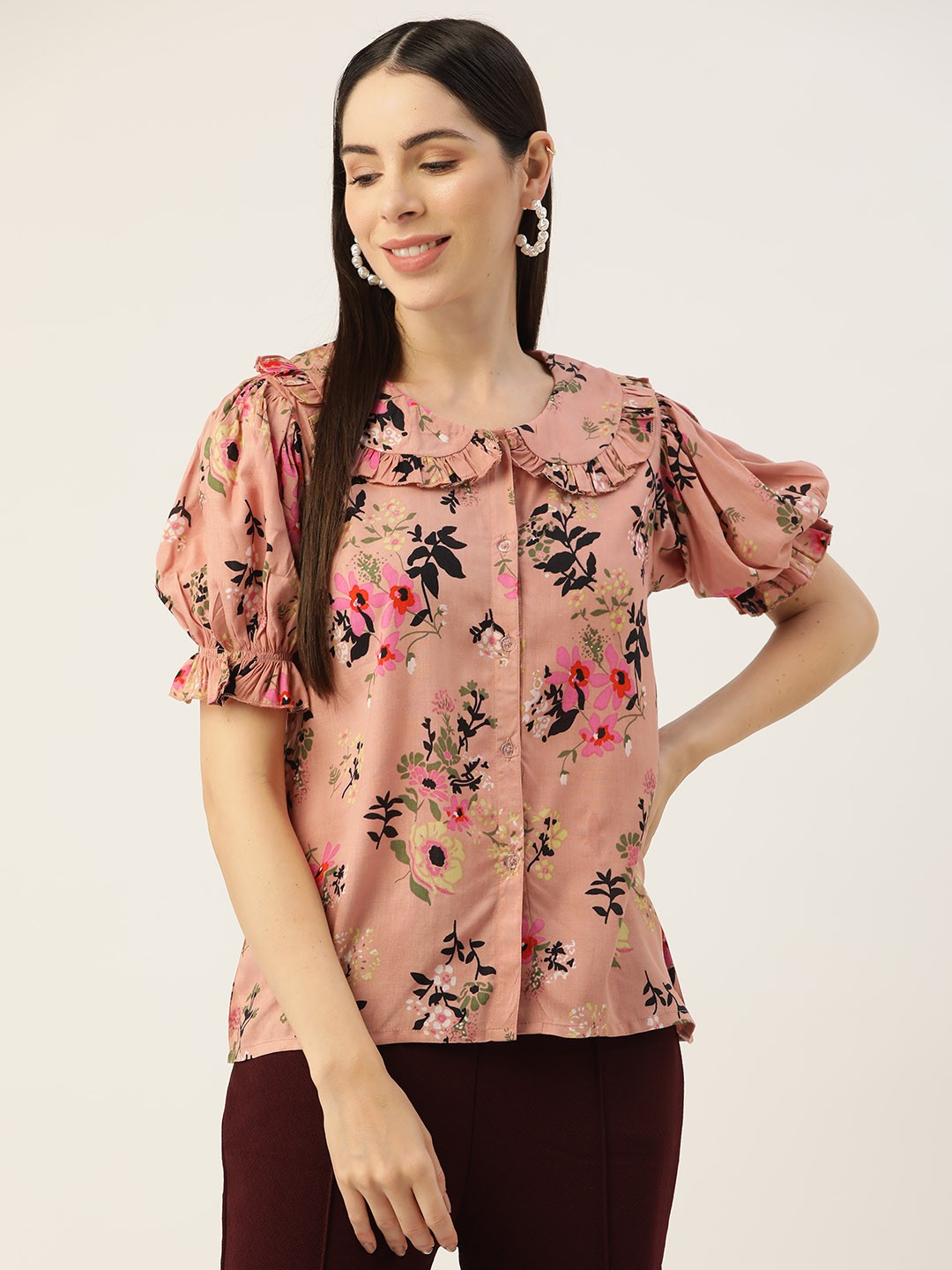 

Alsace Lorraine Paris Floral Print Puff Sleeves Peter Pan Collar Top, Peach