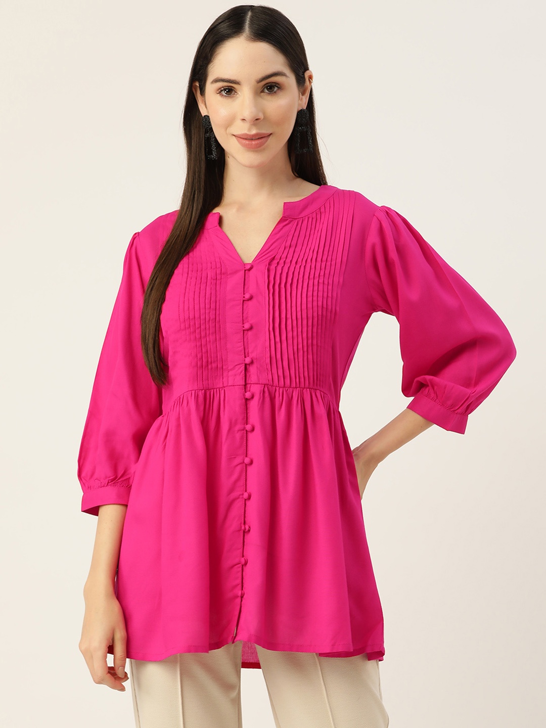 

Alsace Lorraine Paris Puff Sleeves Longline Top, Pink