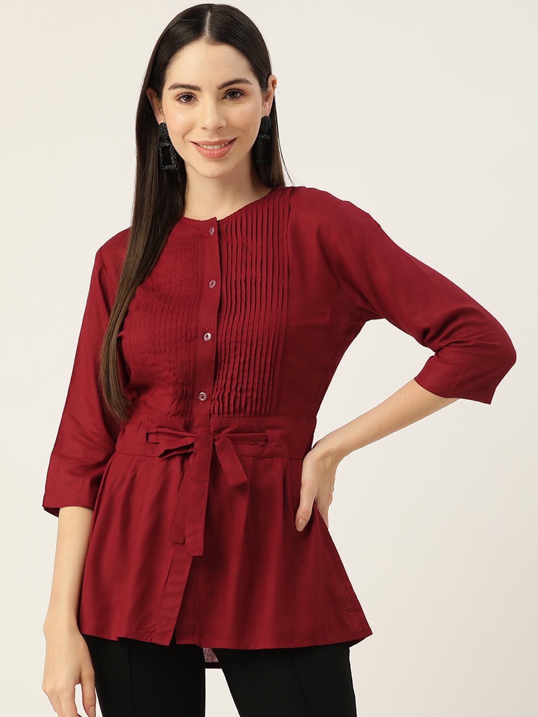 

Alsace Lorraine Paris Pleated Longline Top With Waist Tie Ups, Maroon