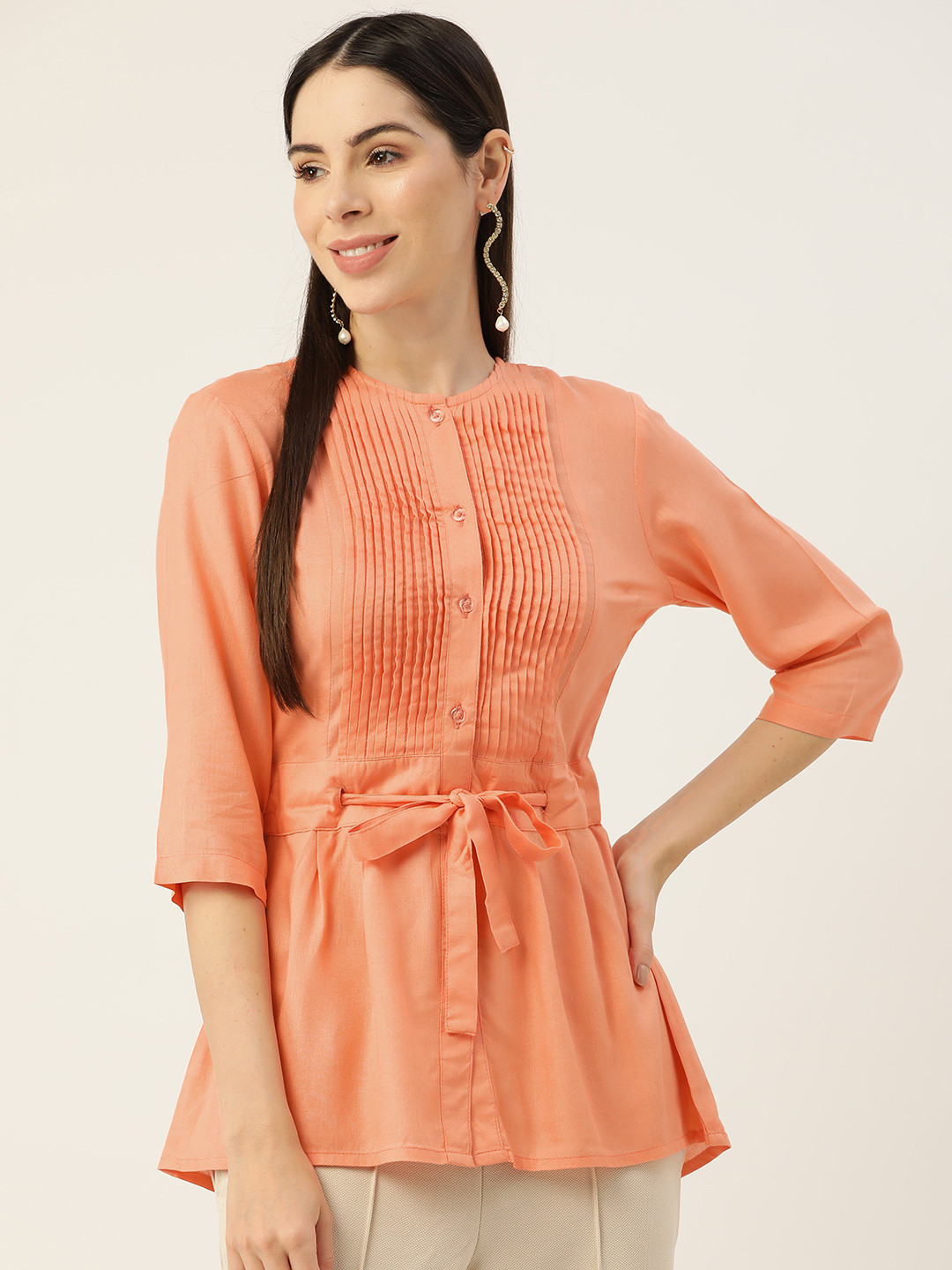 

Alsace Lorraine Paris Pleated Longline Top With Waist Tie Ups, Peach