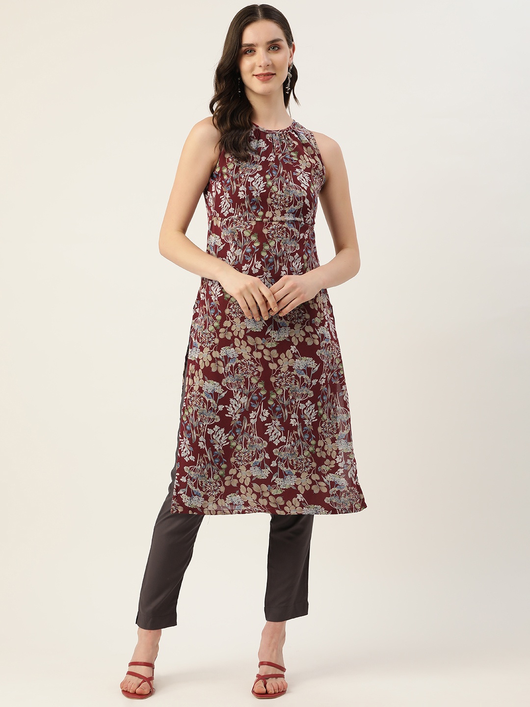 

Alsace Lorraine Paris Floral Printed Georgette Kurta, Maroon