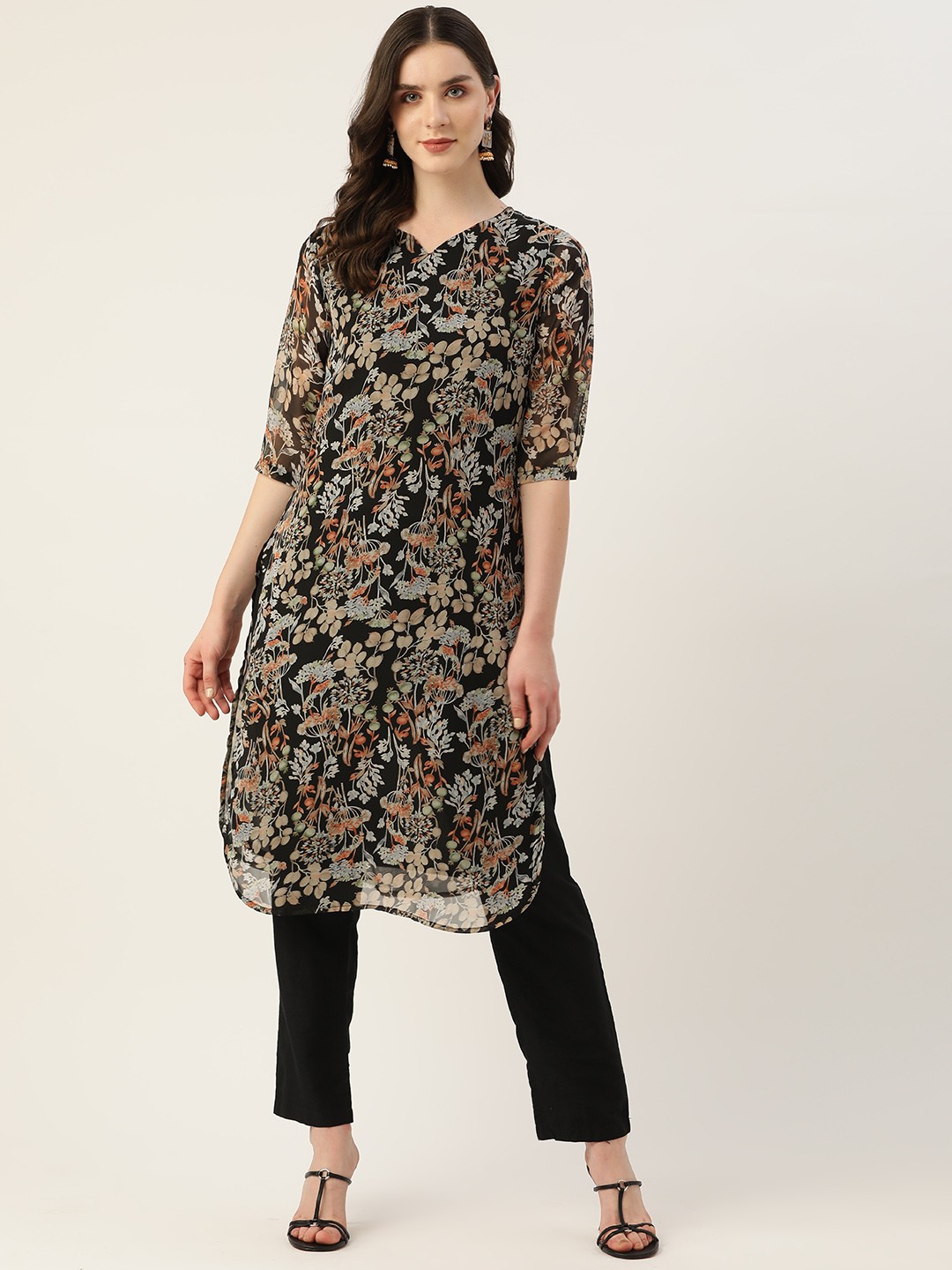 

Alsace Lorraine Paris Floral Printed Georgette Kurta, Black