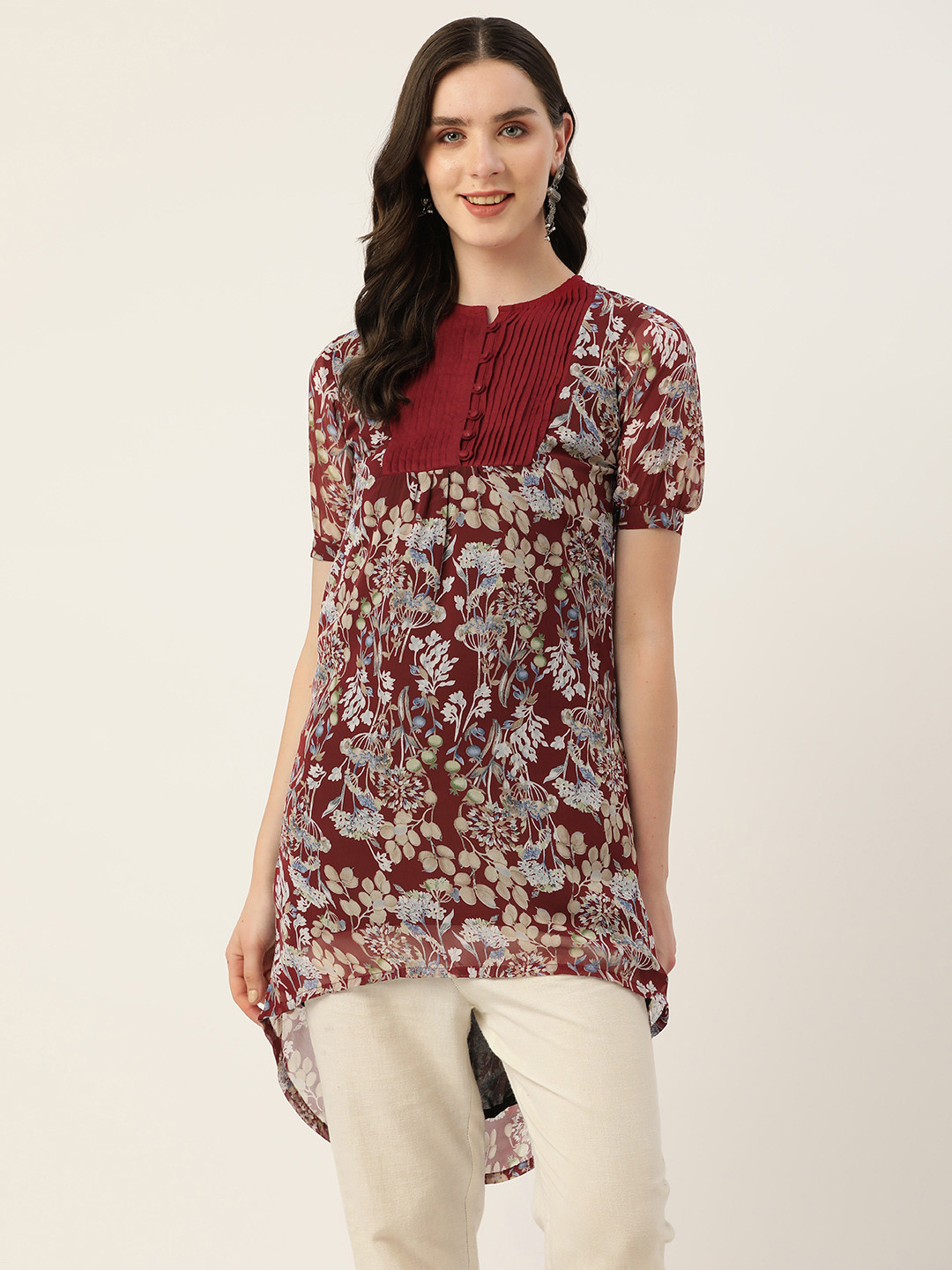 

Alsace Lorraine Paris Floral Printed Puff Sleeves Kurti, Maroon