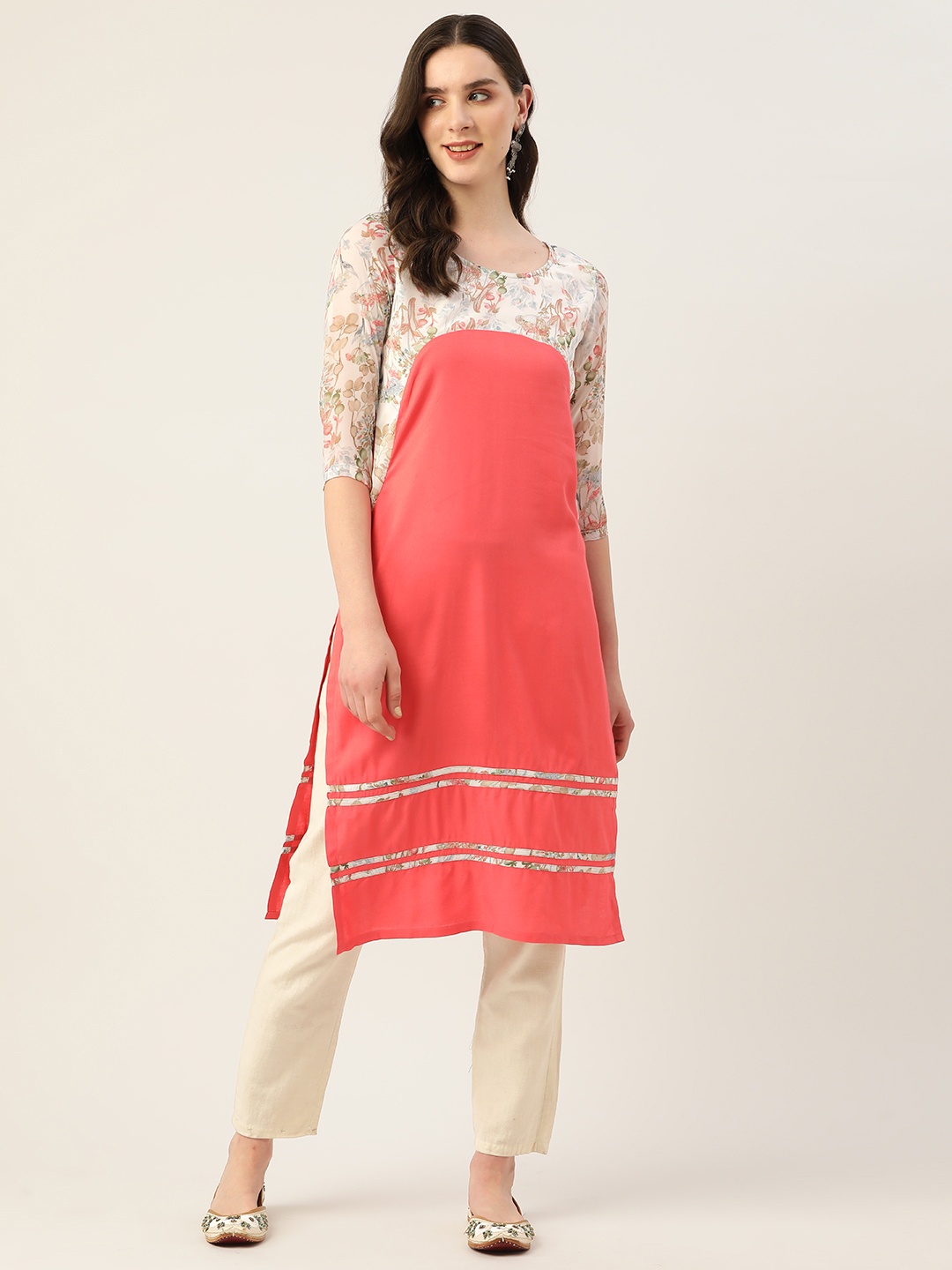 

Alsace Lorraine Paris Floral Colourblocked Kurta, Peach