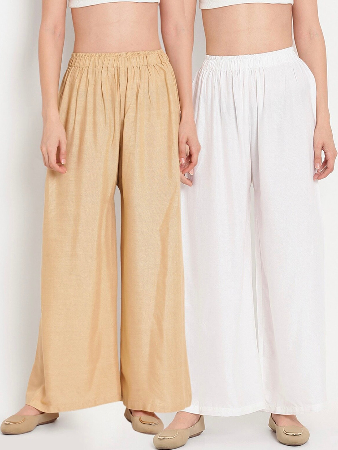

BCZ Style Women Pack Of 2 Elasticated Flared Palazzos, Beige