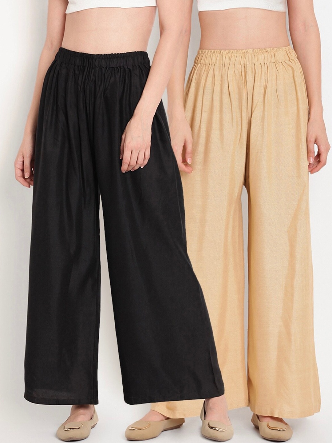 

BCZ Style Women Pack Of 2 Elasticated Flared Palazzos, Black