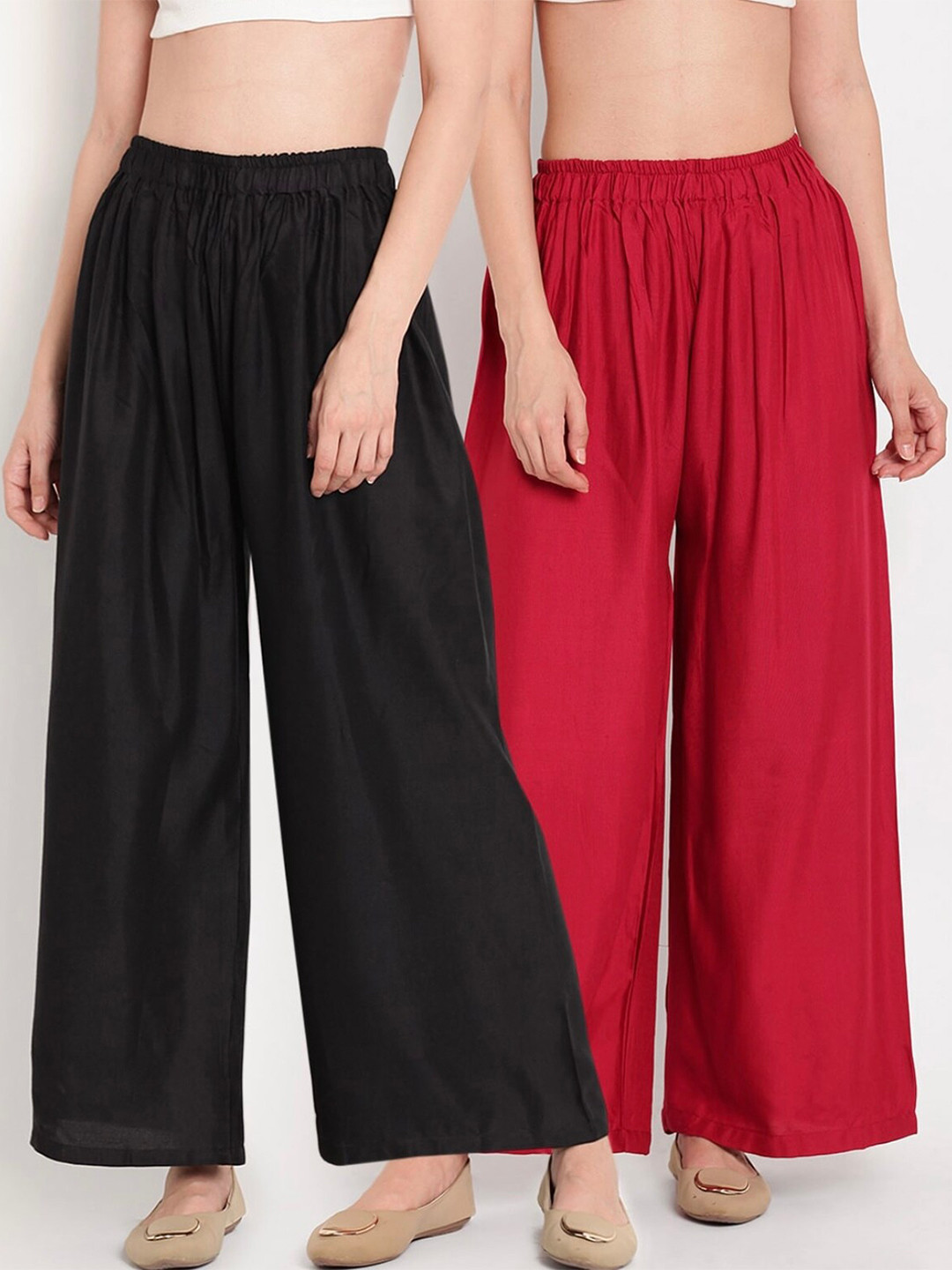 

BCZ Style Women Pack Of 2 Elasticated Flared Palazzos, Black