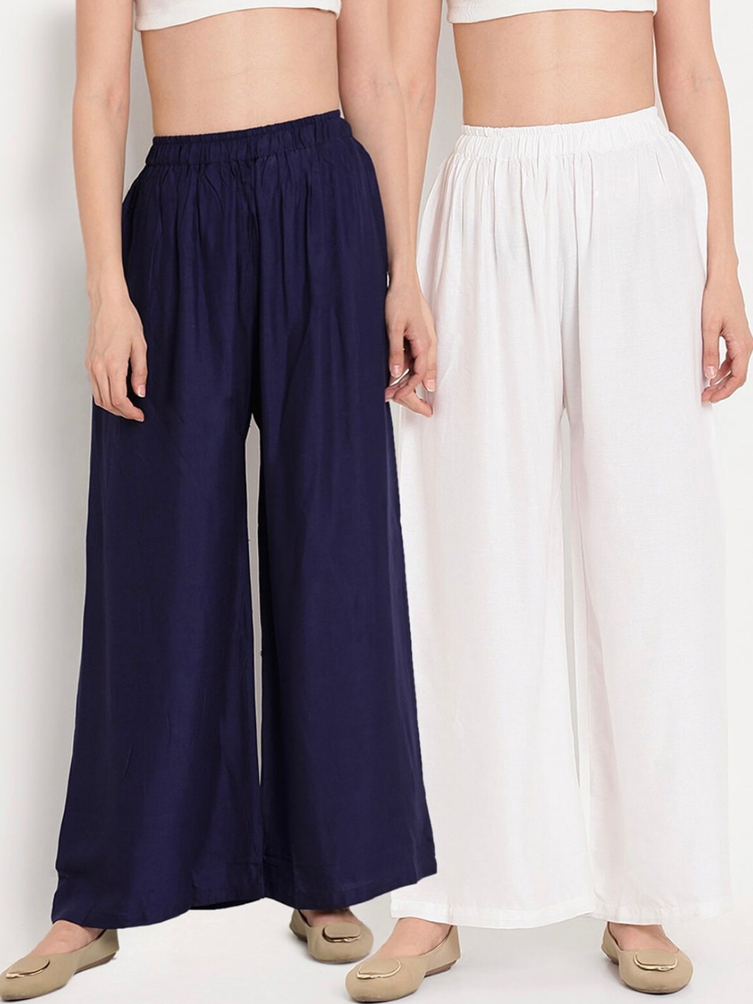 

BCZ Style Women Pack Of 2 Elasticated Flared Palazzos, Navy blue