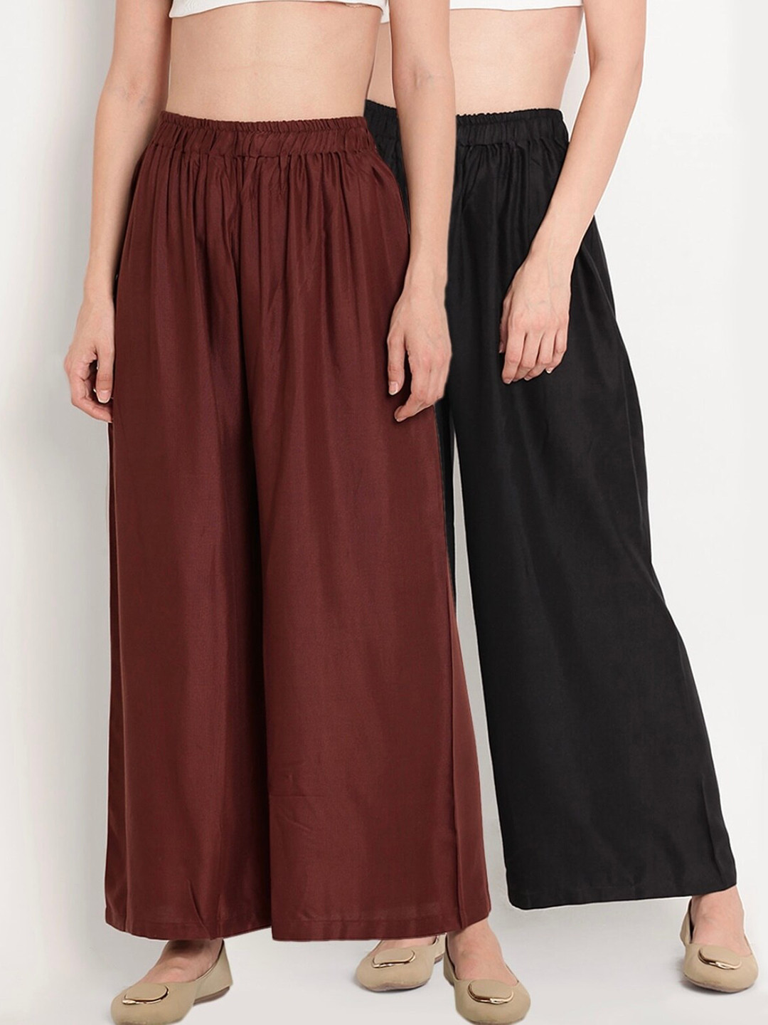 

BCZ Style Women Pack Of 2 Elasticated Flared Palazzos, Black