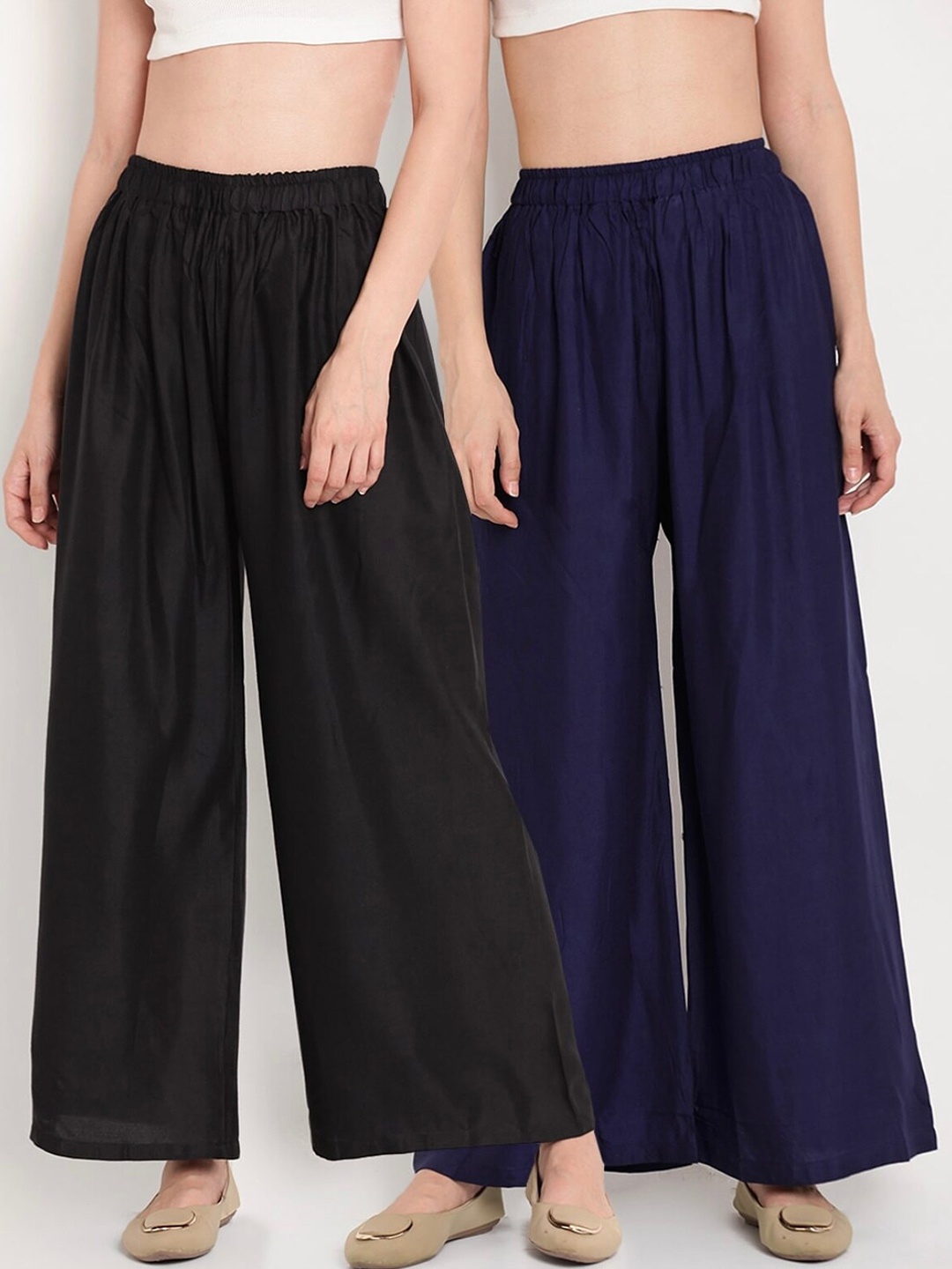 

BCZ Style Women Pack Of 2 Elasticated Flared Palazzos, Navy blue