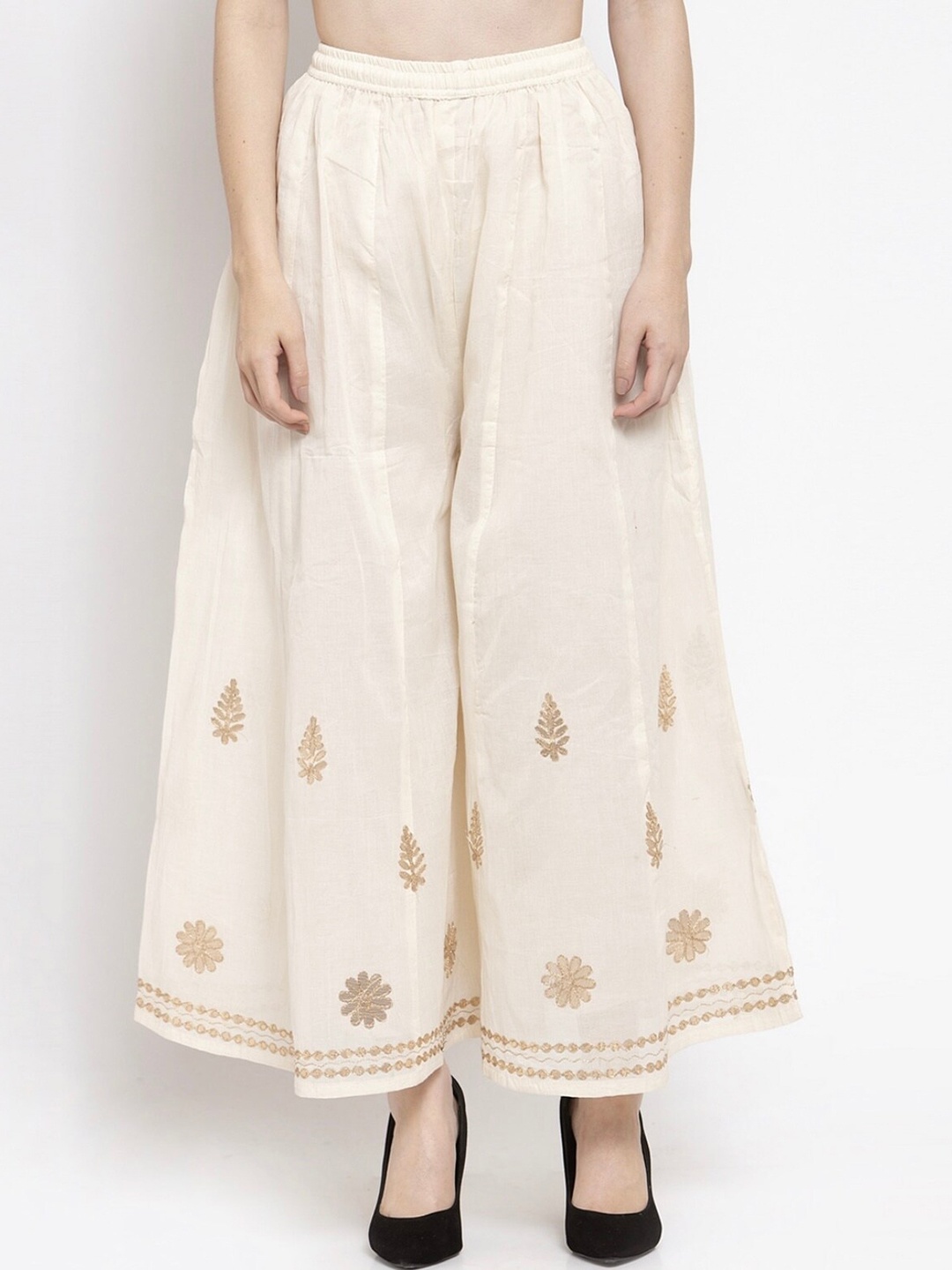 

BCZ Style Women Floral Embroidered Cambric Cotton Flared Palazzo, Beige