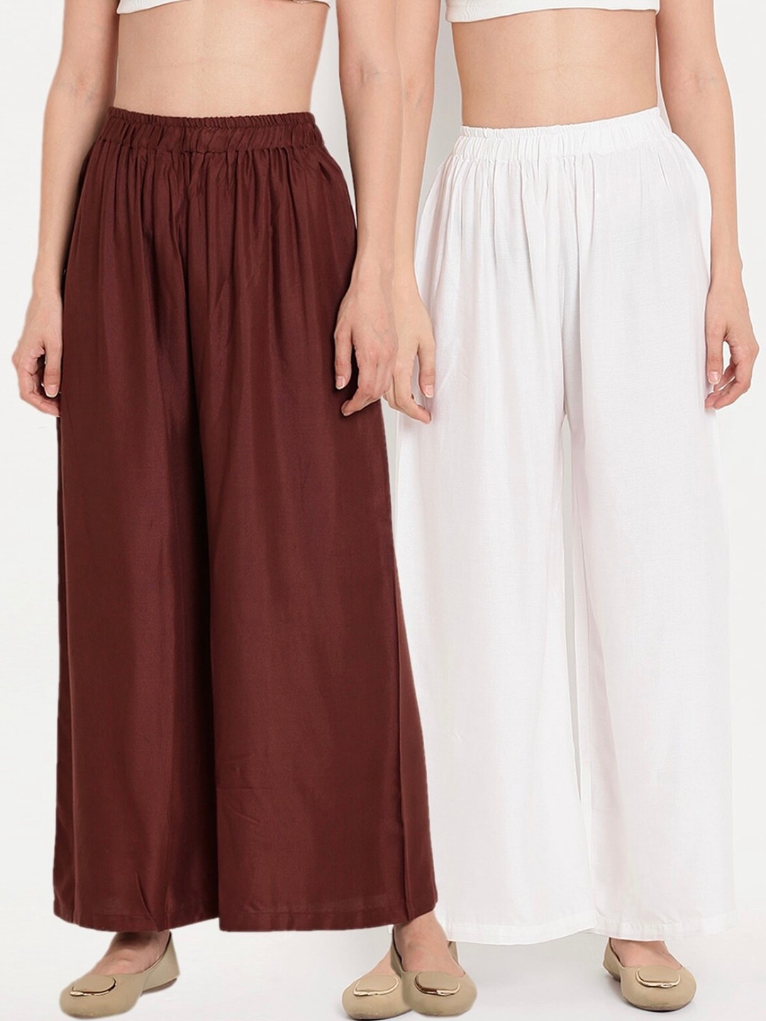 

BCZ Style Women Pack Of 2 Elasticated Flared Palazzos, White