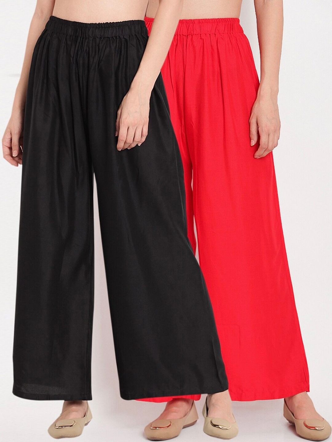 

BCZ Style Women Pack Of 2 Elasticated Flared Palazzos, Red