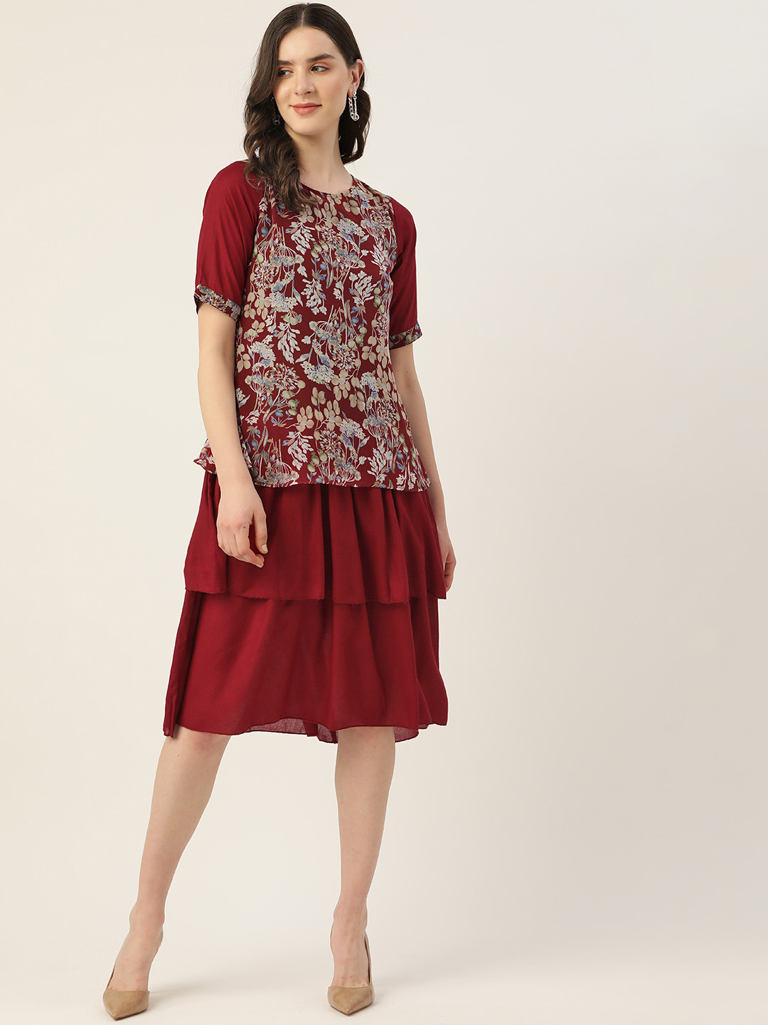 

Alsace Lorraine Paris Floral Layered Georgette A-Line Dress, Maroon