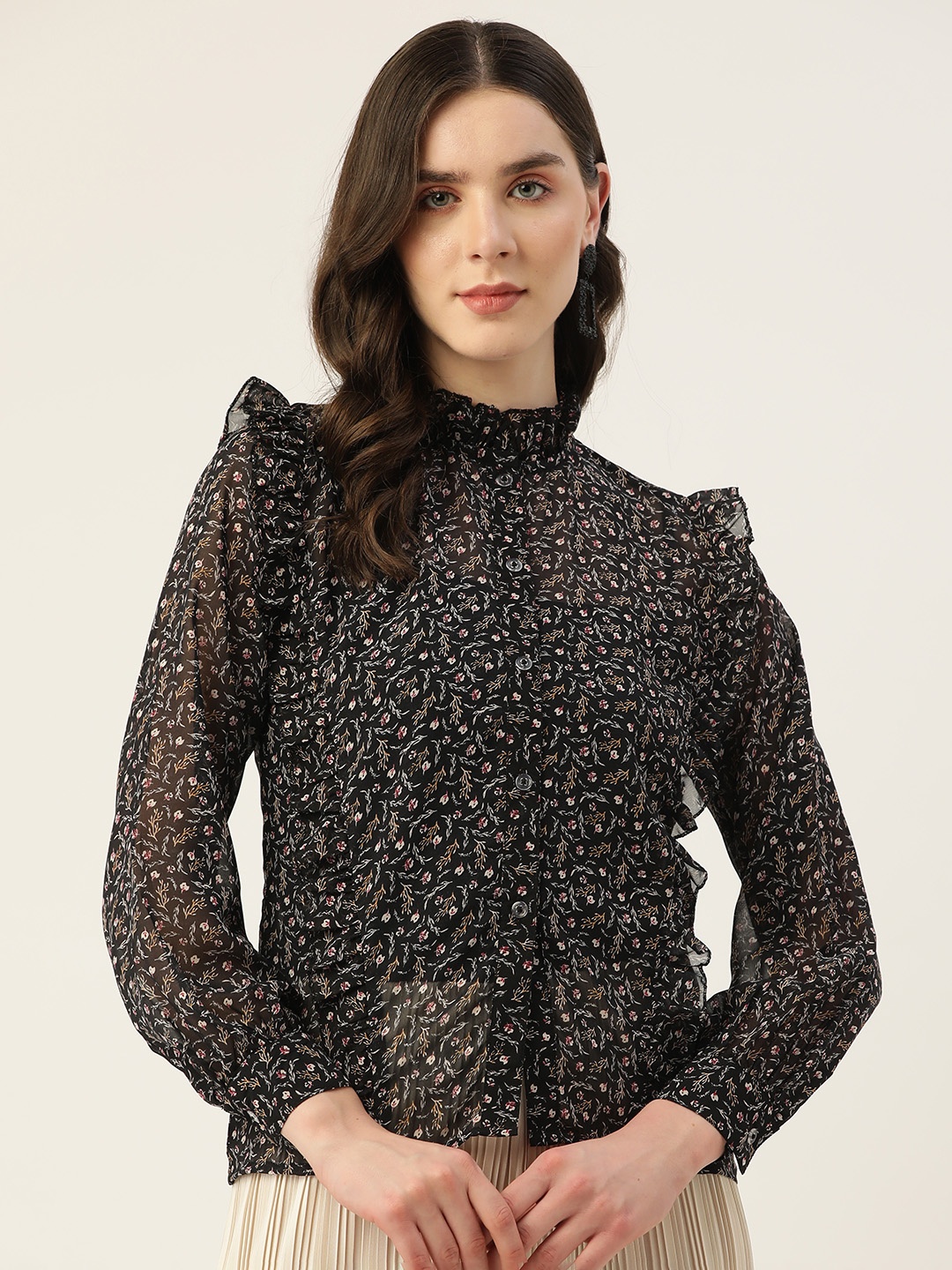 

Alsace Lorraine Paris Floral Printed Georgette Casual Shirt, Black