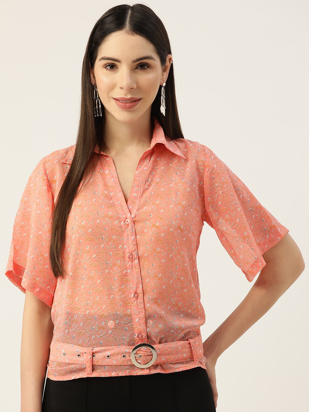 

Alsace Lorraine Paris Floral Printed Georgette Casual Shirt, Peach