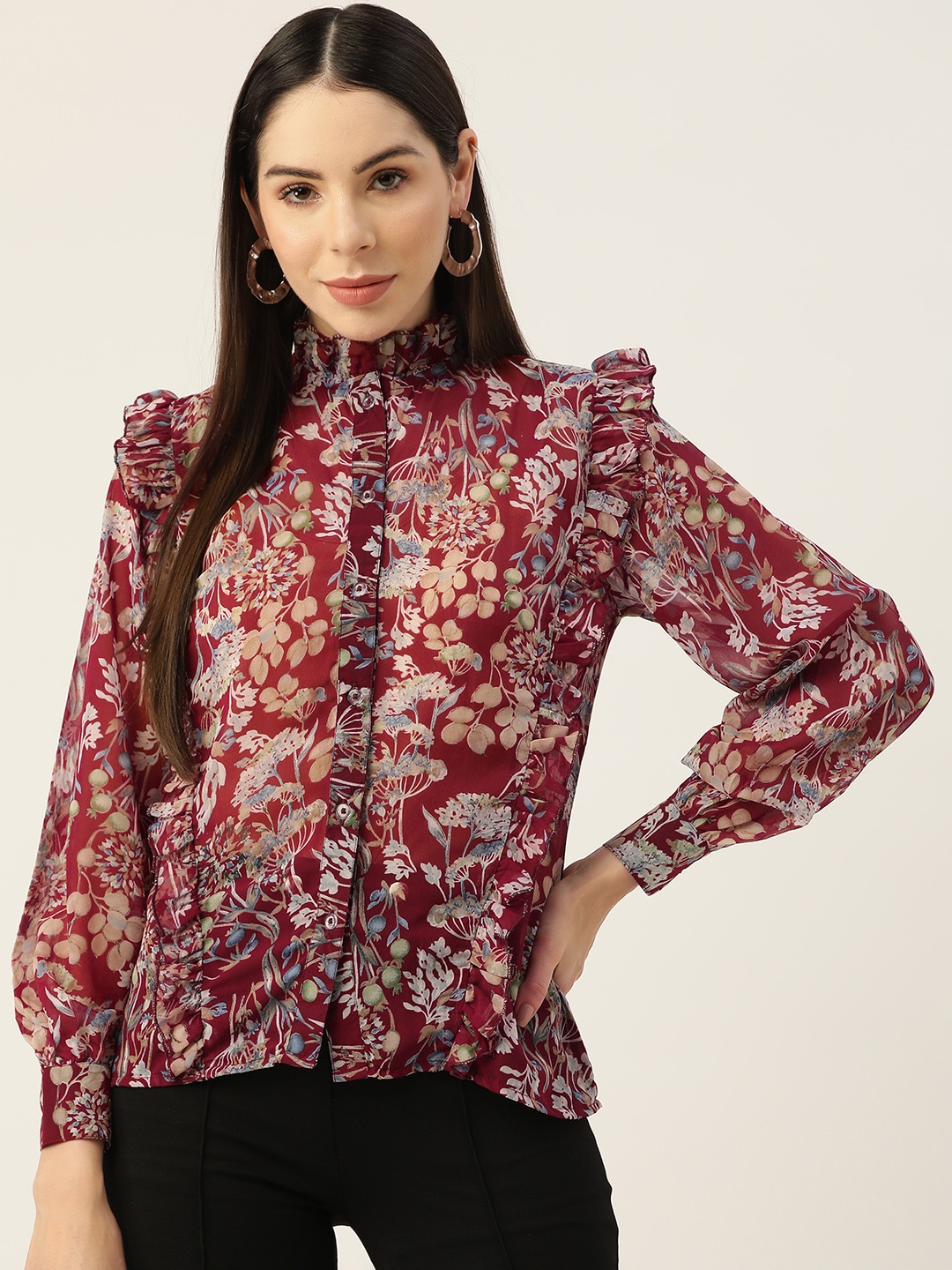 

Alsace Lorraine Paris Floral Printed Georgette Casual Shirt, Maroon