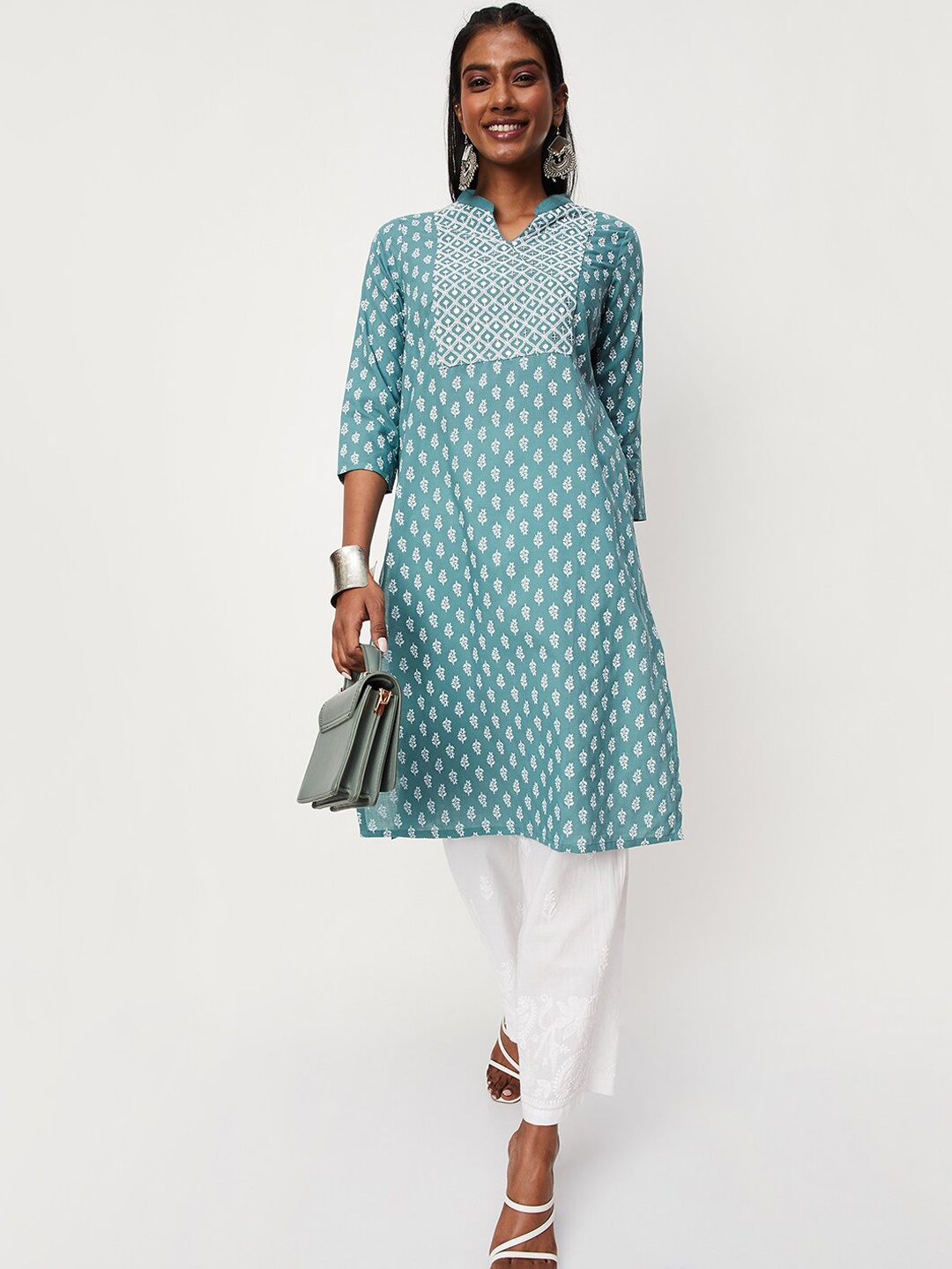

max Floral Printed Sequined Band Collar A-Line Kurta, Turquoise blue