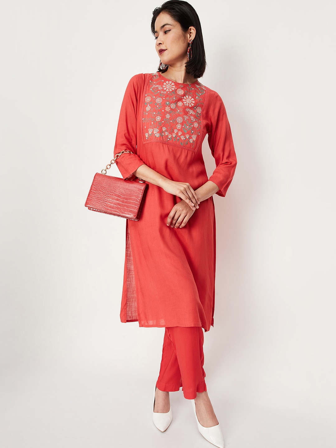 

max Ethnic Motifs Embroidered Straight Kurta, Coral