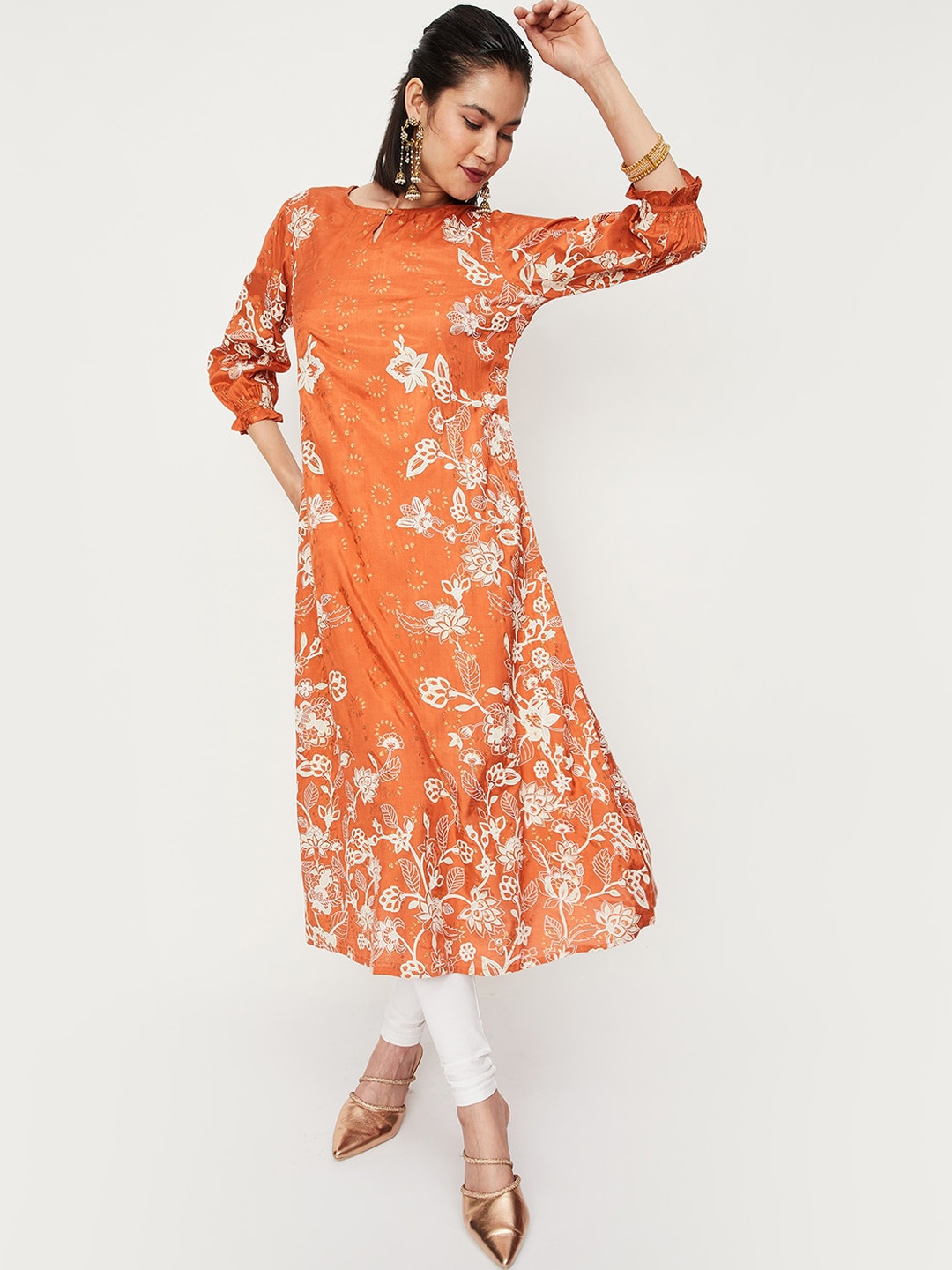 

max Floral Printed A-Line Kurta, Orange