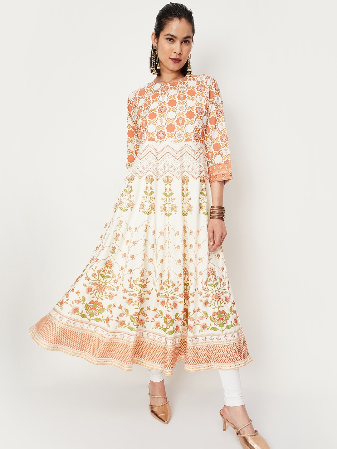 

max Ethnic Motifs Printed Cotton Boat Neck A-Line Kurta, Off white