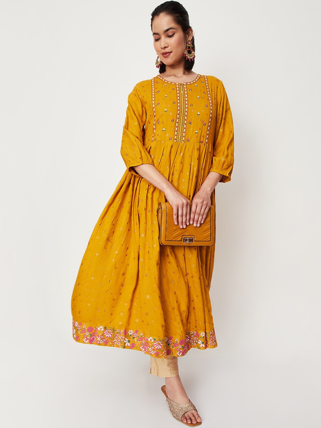 

max Ethnic Printed Thread Work Puff Sleeves Pleated Anarkali Kurta, Mustard