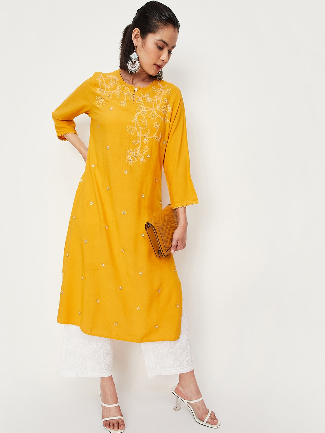 

max Floral Printed Sequinned Kurta, Yellow