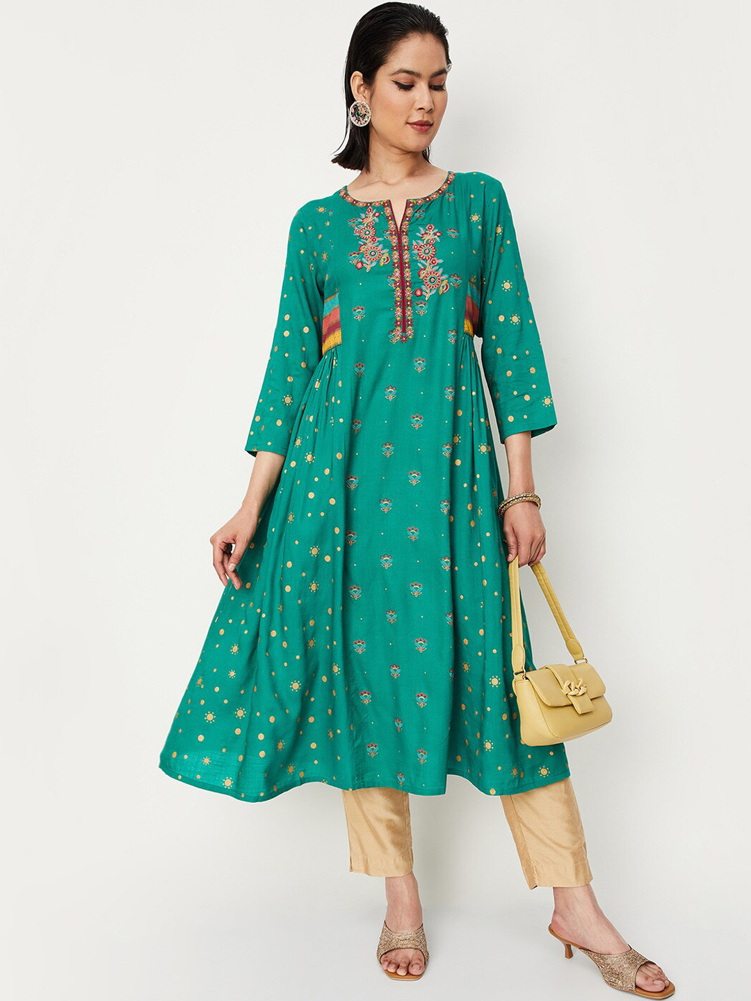 

max Women Yoke Embroidered & Printed A-Line Kurta, Green