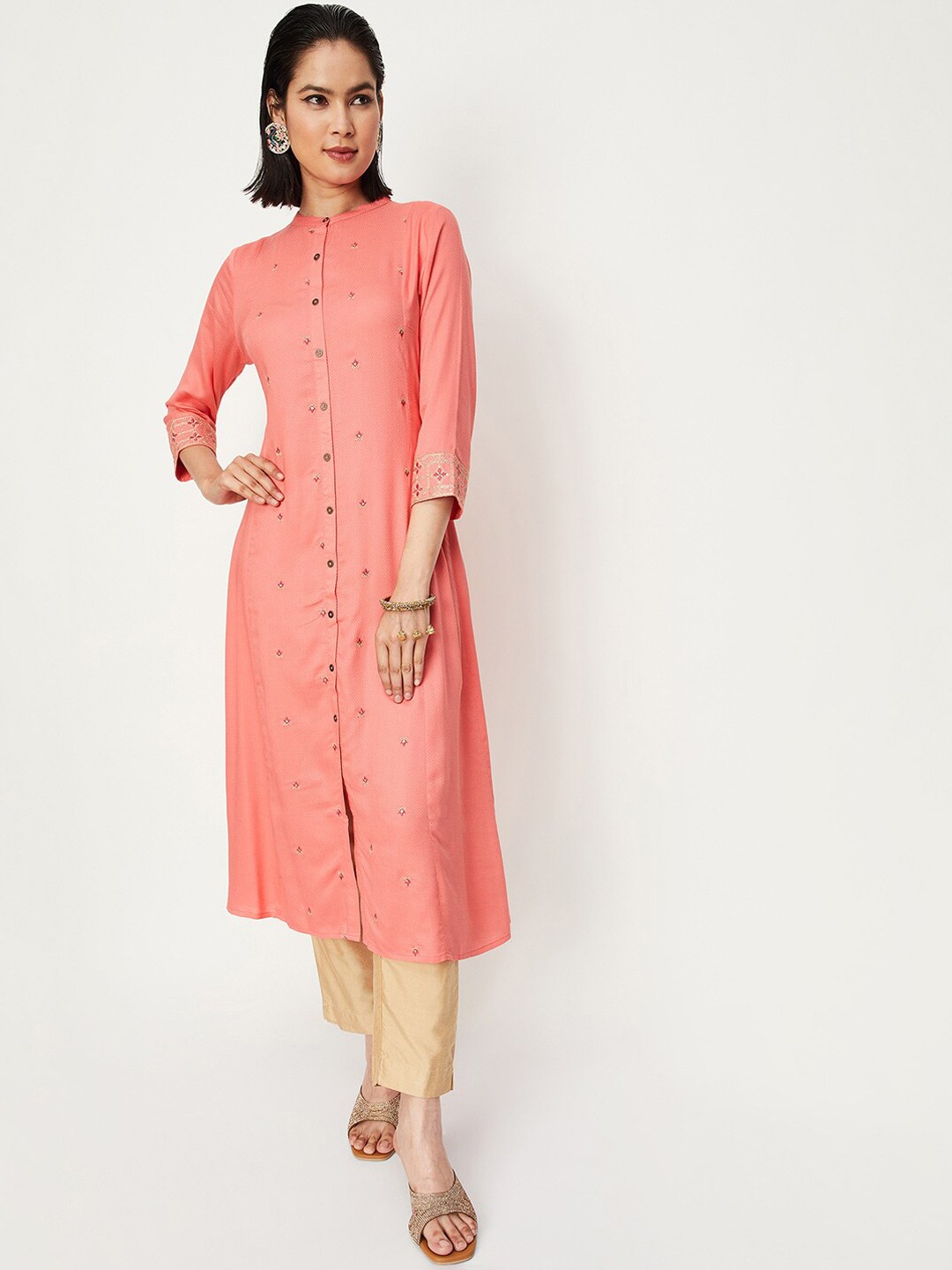 

max Geometric Woven Design & Embroidered Band Collar Button-Down A-Line Kurta, Coral