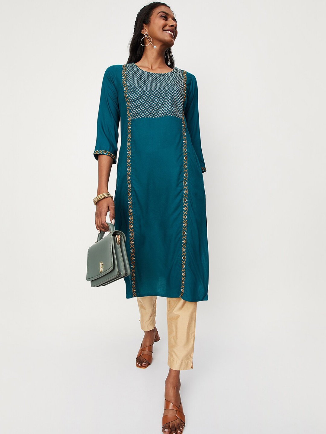

max Floral Embroidered Kurta, Teal