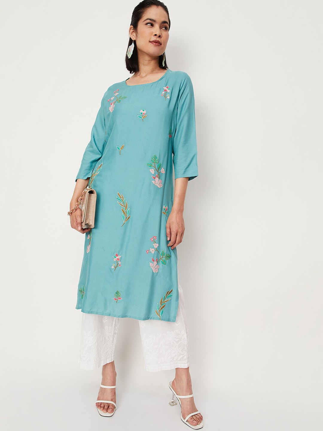 max Floral Embroidered Round Neck Straight Kurta, Blue