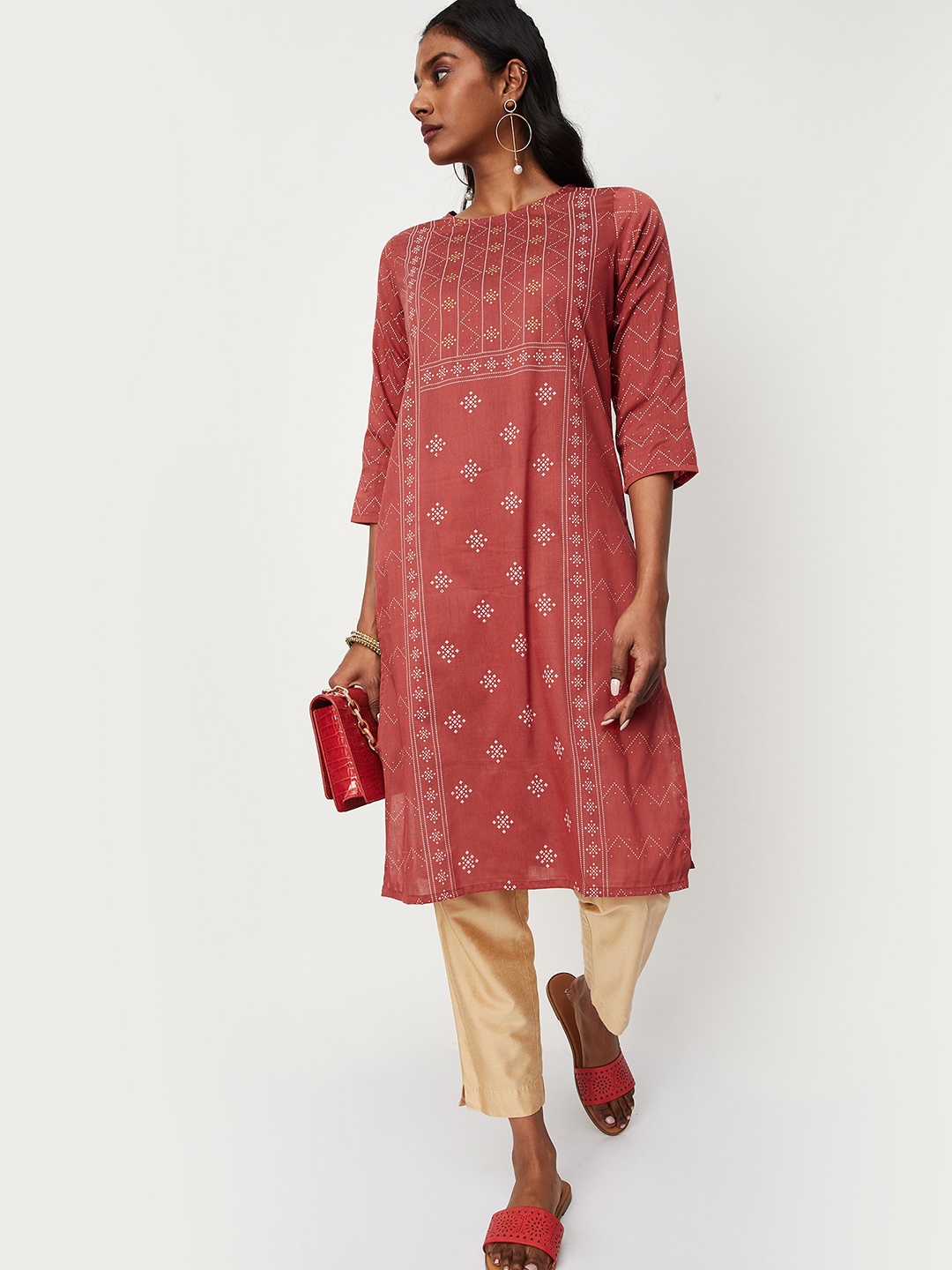 

max Ethnic Motifs Printed Kurta, Rust