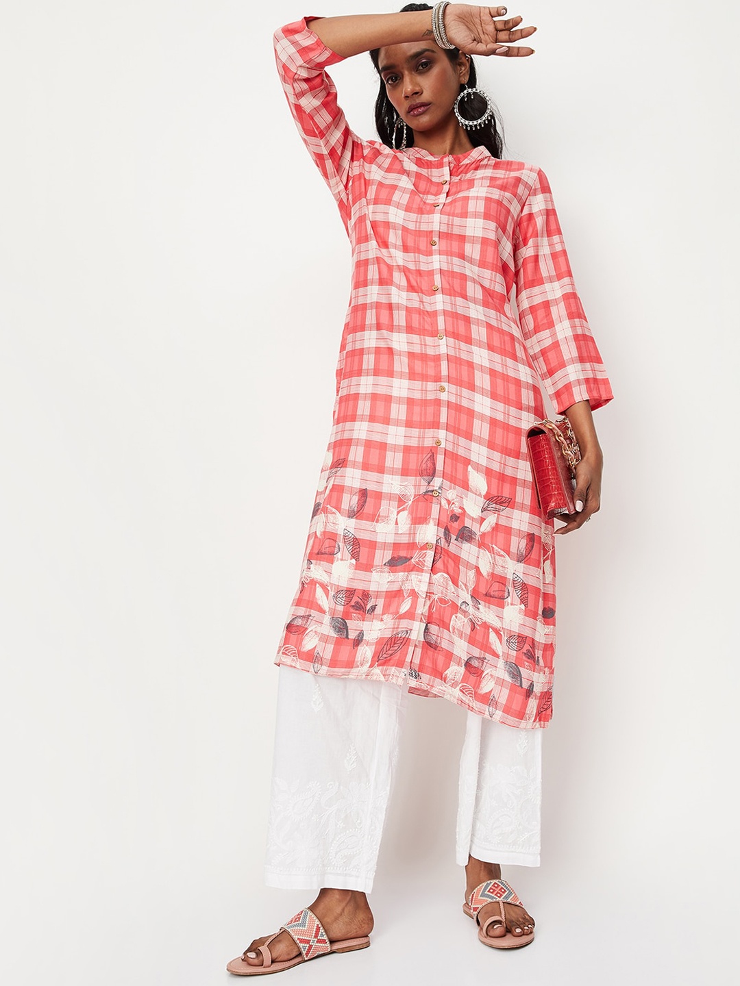 

max Checked Shirt Style Kurta, Red