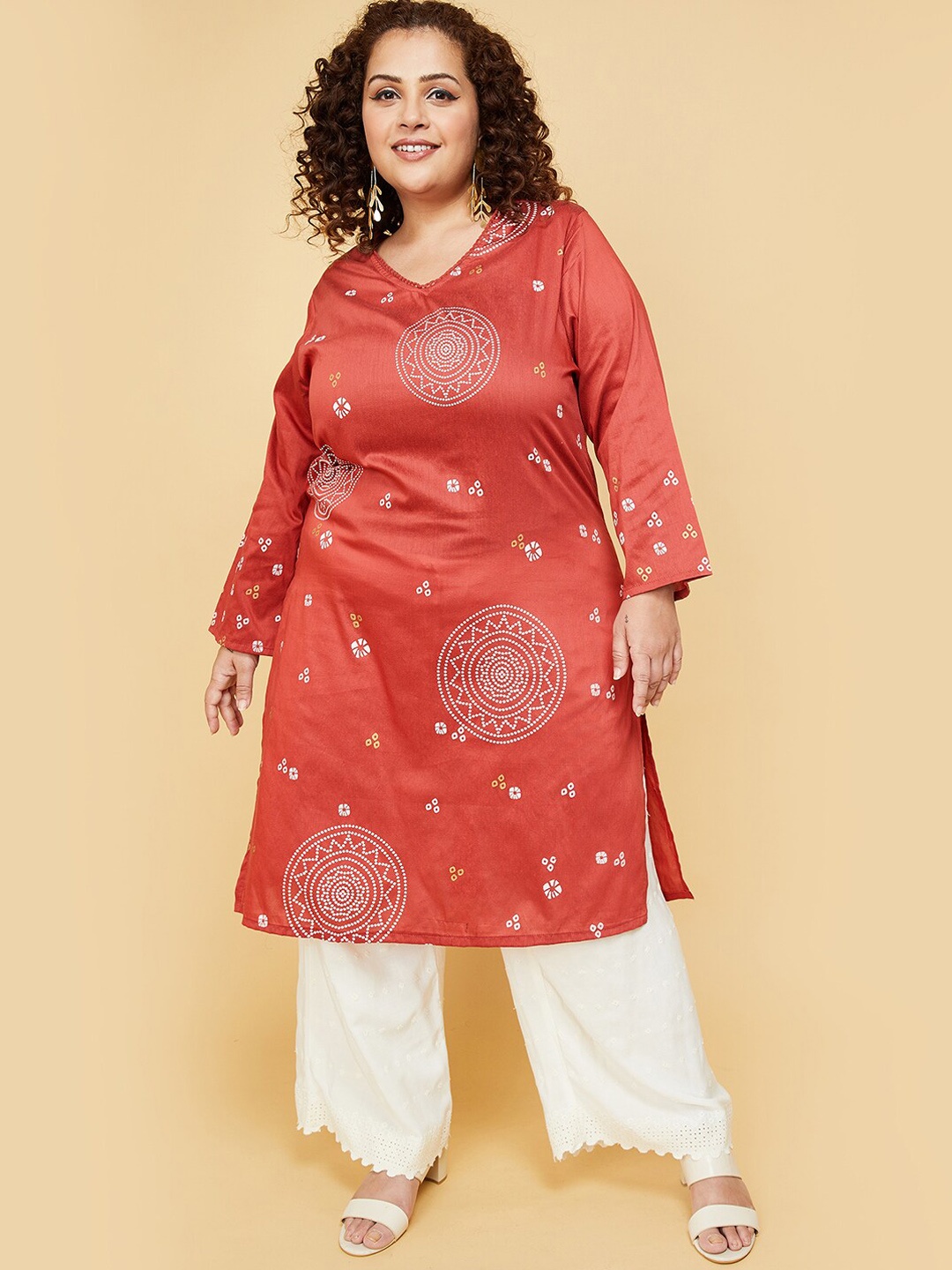 

max Plus Size Bandhani Printed V-Neck Straight Kurta, Rust