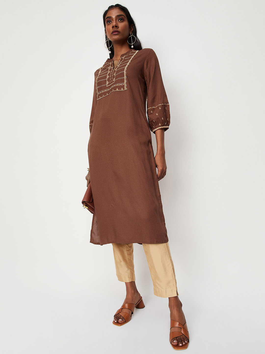 

max Women Yoke Embroidered & Woven Design A-line Kurta, Brown