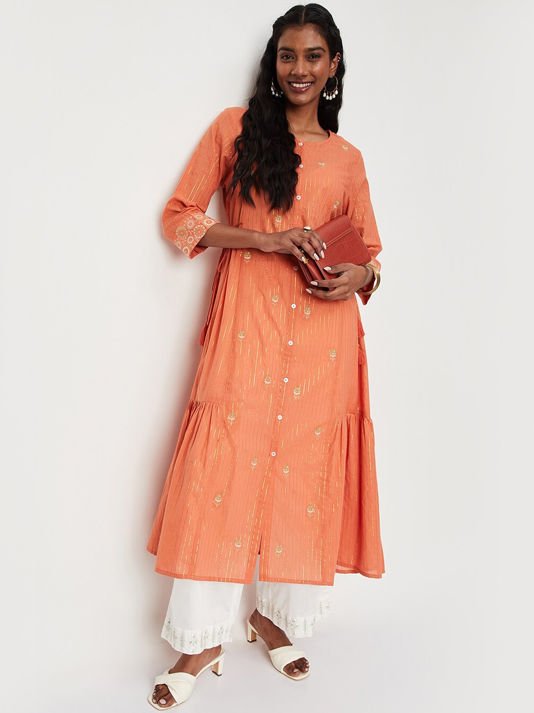 

max Striped Floral Embroidered Cotton Tiered A-line Kurta, Orange