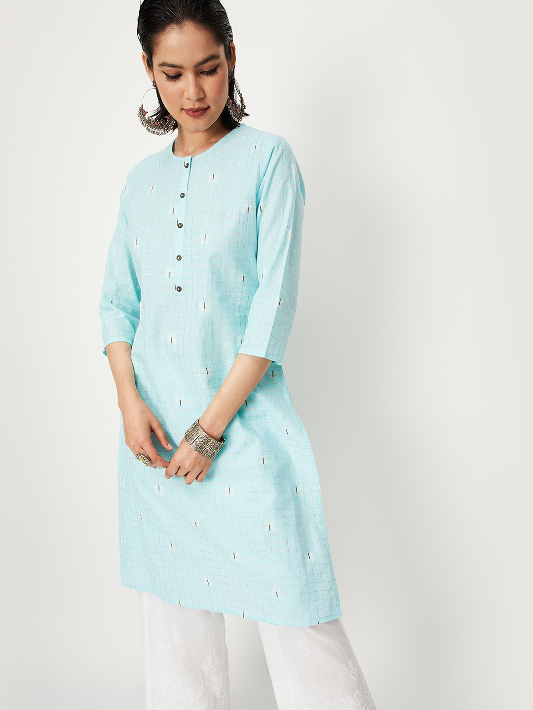 

max Checks Pure Cotton Kurta, Blue